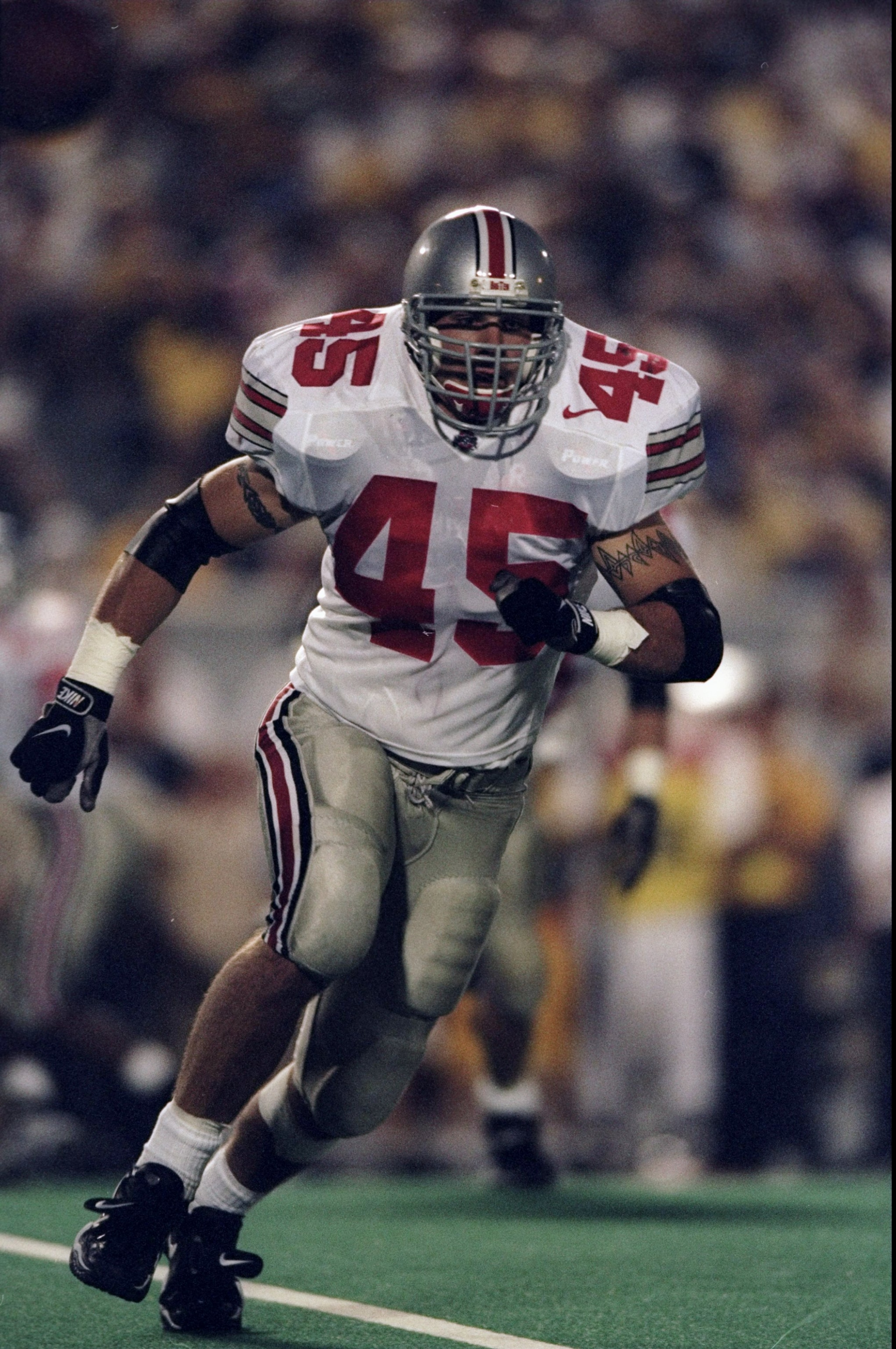 5 Sep 1998:  Middle linebacker Andy Katzenmoyer #45 of the Ohio State Buckeyes in action during the game against the West Virginia Mountaineers at the West Virginia University in Morganstown, West Virginia. The Buckeyes defeated the Mountaineers 34-17.