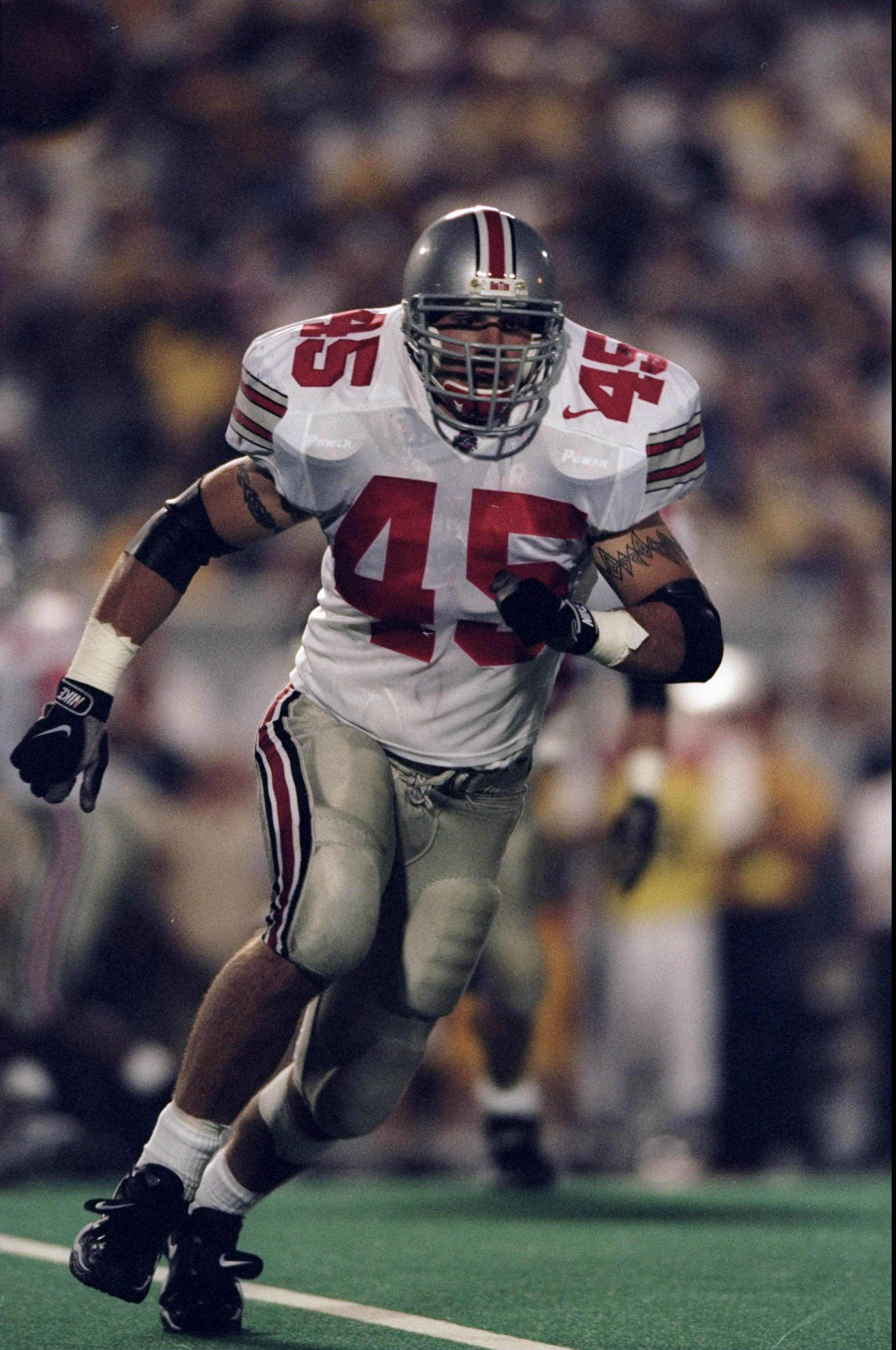5 Sep 1998:  Middle linebacker Andy Katzenmoyer #45 of the Ohio State Buckeyes in action during the game against the West Virginia Mountaineers at the West Virginia University in Morganstown, West Virginia. The Buckeyes defeated the Mountaineers 34-17.