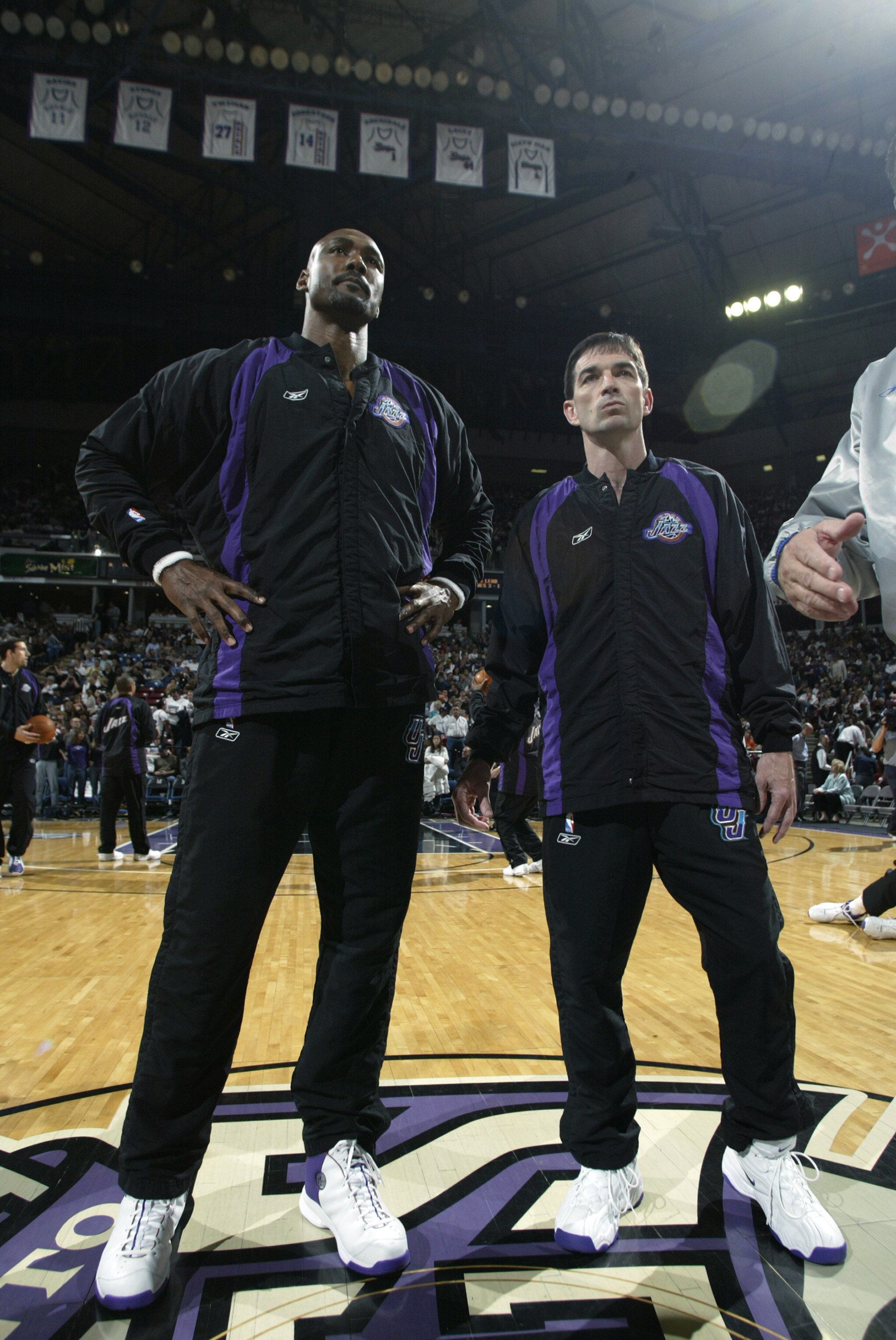 SACRAMENTO, CA - APRIL 30:  (Left to Right) Karl Malone #32 stands next to John Stockton #12 of the Utah Jazz before Game five of the Western Conference Quarterfinals against the Sacramento Kings during the 2003 NBA Playoffs at Arco Arena on April 30, 200