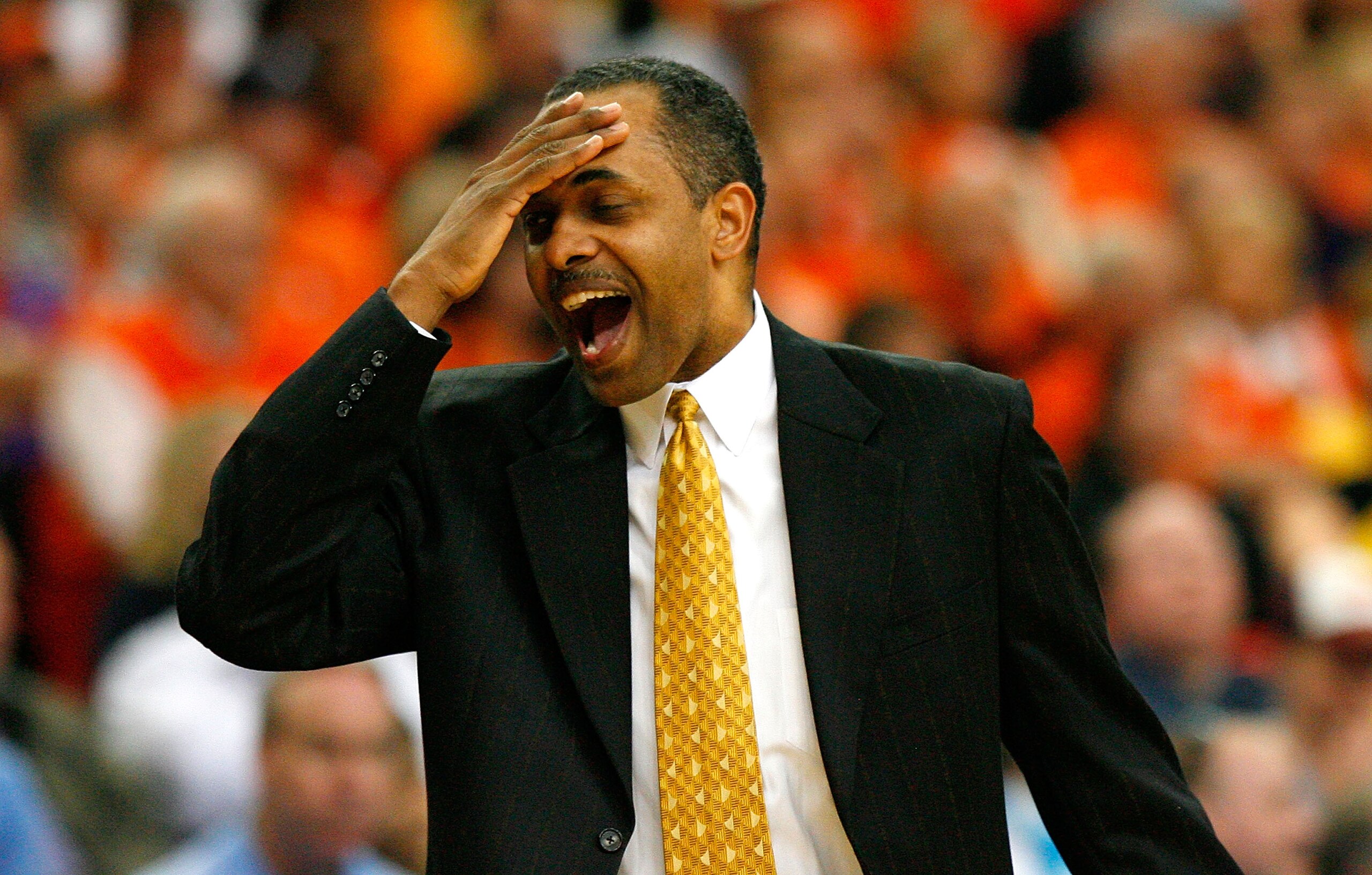ATLANTA - MARCH 12:  Head coach Paul Hewitt of the Georgia Tech Yellow Jackets reacts to a call during day one against the Clemson Tigers of the 2009 ACC Men's Basketball Tournament on March 12, 2009 at the Georgia Dome in Atlanta, Georgia.  (Photo by Kev