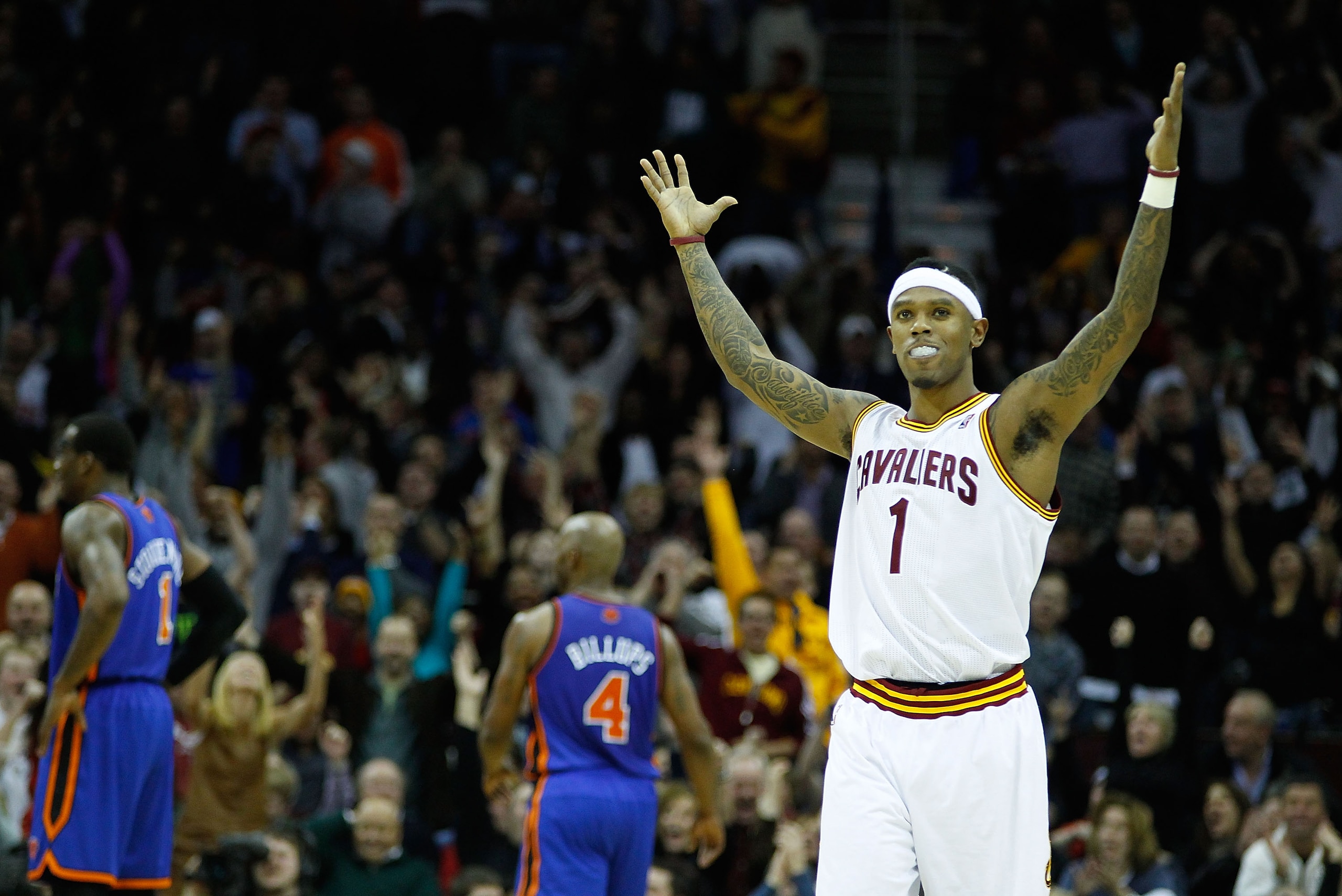 CLEVELAND - FEBRUARY 25:  Daniel Gibson #1 of the Cleveland Cavaliers celebrates after scoring a three point shot during the game against the New York Knicks on February 25, 2011 at Quicken Loans Arena in Cleveland, Ohio. NOTE TO USER: User expressly ackn