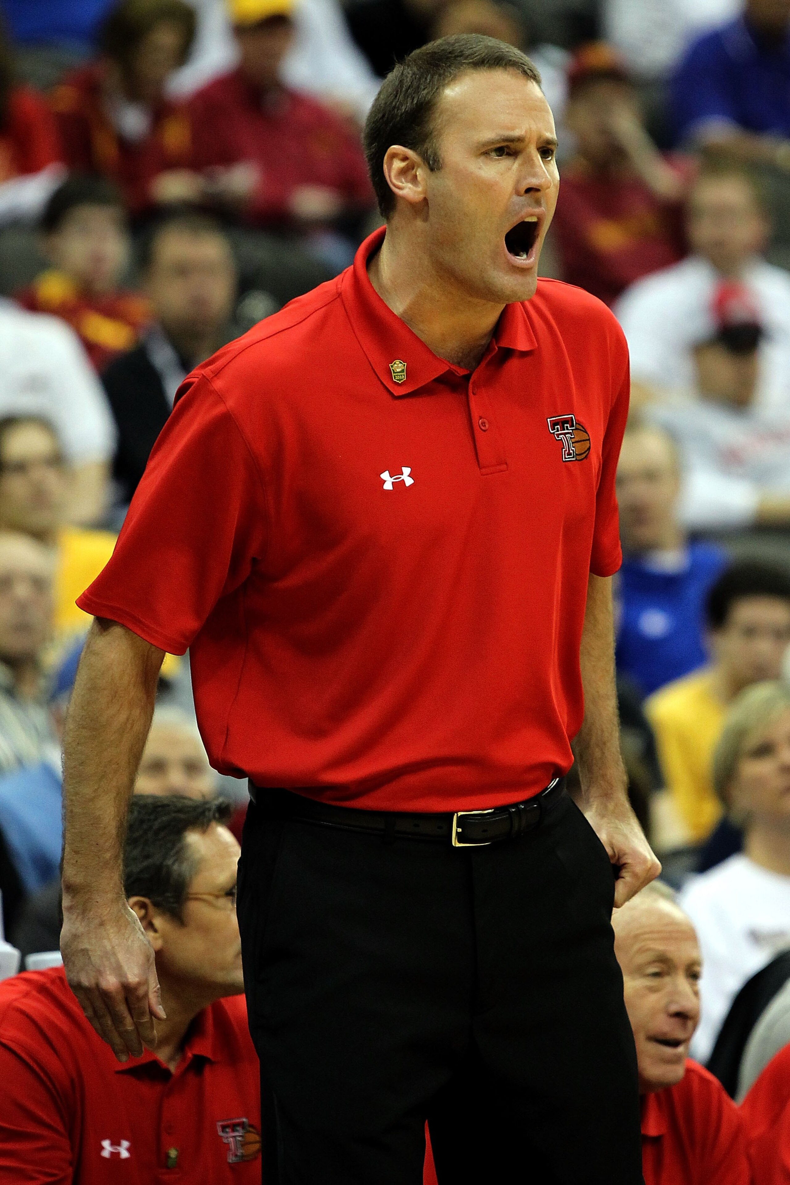 KANSAS CITY, MO - MARCH 10:  Head coach Pat Knight of the Texas Tech Red Raiders reacts in the first half against the Colorado Buffaloes during the first round game of the 2010 Phillips 66 Big 12 Men's Basketball Tournament at the Sprint Center on March 1