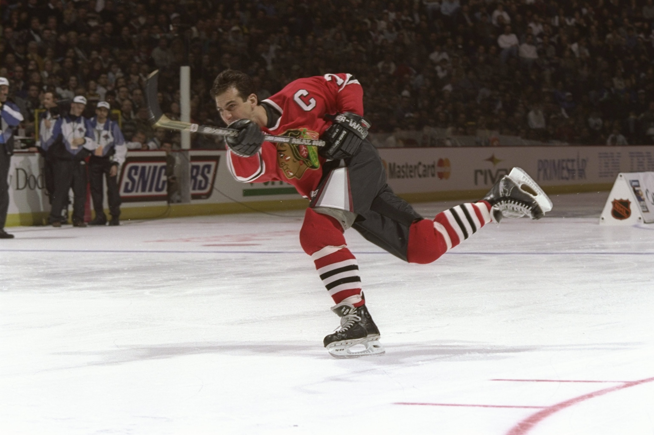 17 Jan 1998:  Chris Chelios of the Chicago Blackhawks in action during the skills competition during NHL All-Star Weekend at General Motors Palace in Vancouver, Canada. Mandatory Credit: Robert Laberge  /Allsport