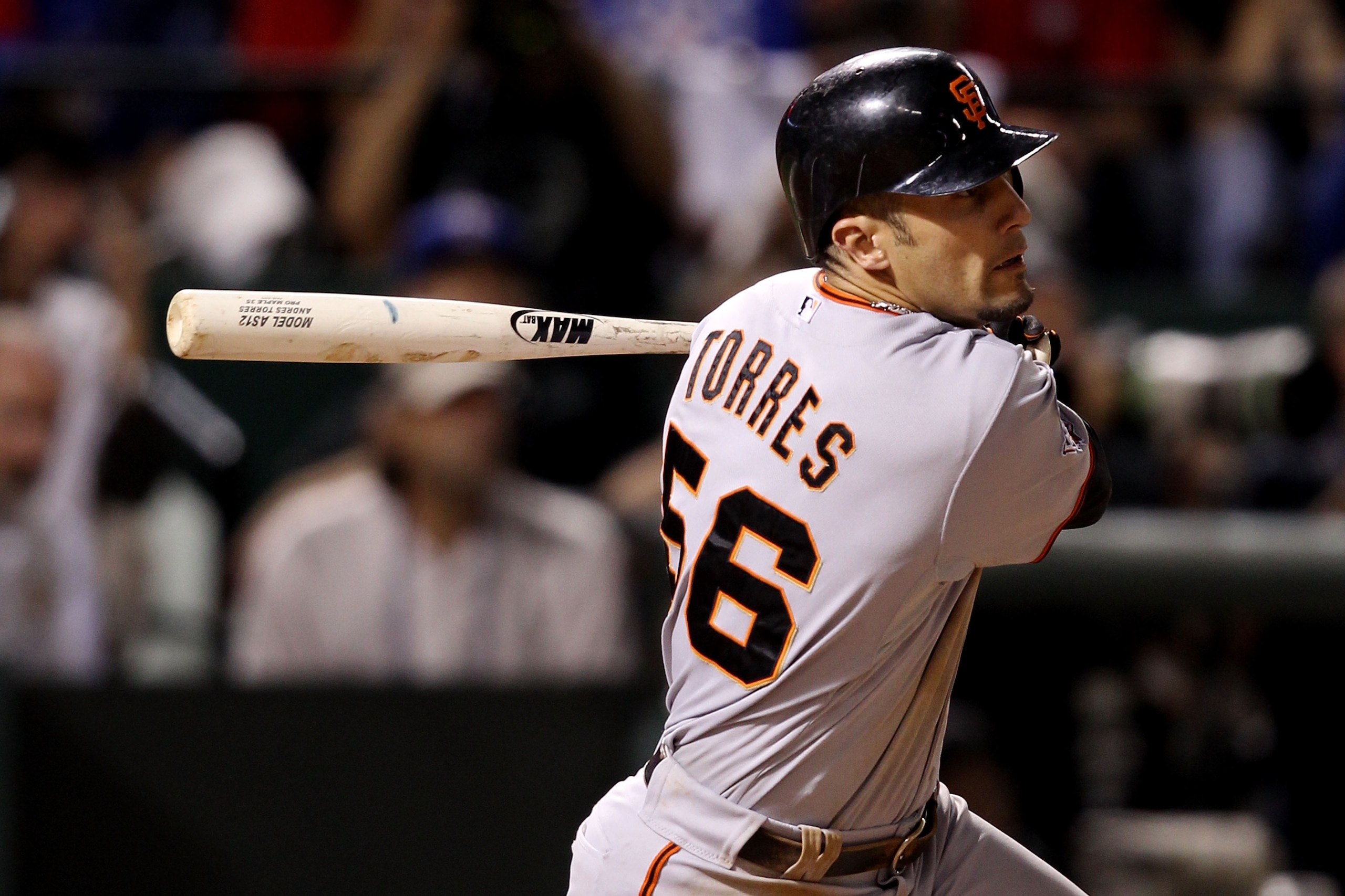 ARLINGTON, TX - OCTOBER 31: Andres Torres #56 of the San Francisco Giants hits a RBI double in the top of the seventh inning the Texas Rangers in Game Four of the 2010 MLB World Series at Rangers Ballpark in Arlington on October 31, 2010 in Arlington, Te ARLINGTON, TX - OCTOBER 31: Andres Torres #56 of the San Francisco Giants hits a RBI double in the top of the seventh inning the Texas Rangers in Game Four of the 2010 MLB World Series at Rangers Ballpark in Arlington on October 31, 2010 in Arlington, Te
