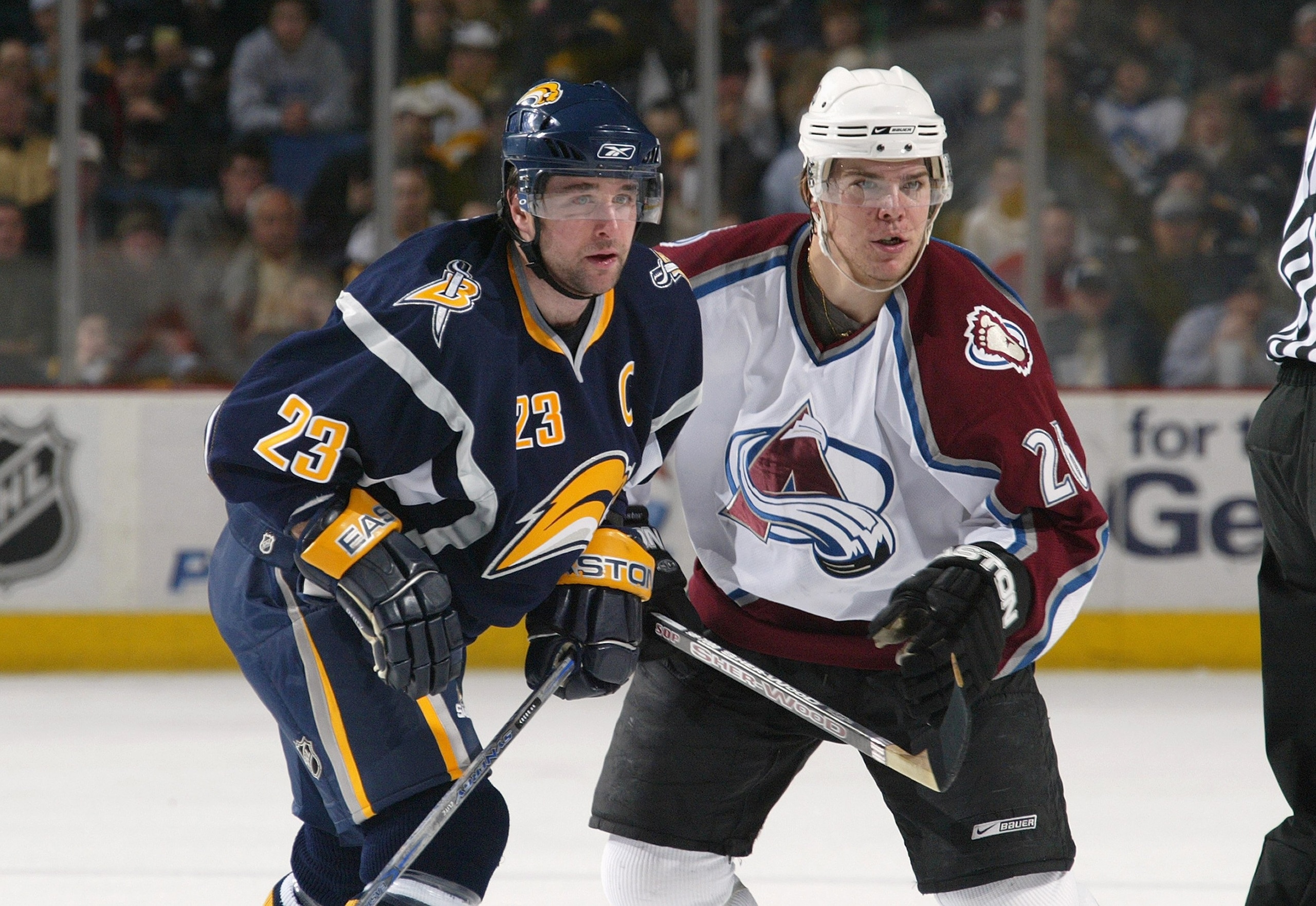 BUFFALO - MARCH 7:  Chris Drury #23 of the Buffalo Sabres skates against Paul Stastny #26 of the Colorado Avalanche during their NHL game at HSBC Arena on March 7, 2007 in Buffalo, New York. The Avalanche defeated the Sabres 3-2. (Photo By Dave Sandford/G