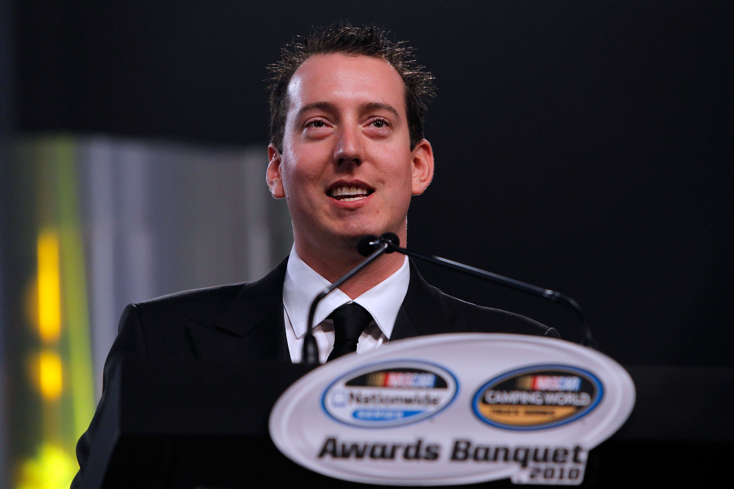 MIAMI - NOVEMBER 22:  2010 Owner Champion Kyle Busch, driver of the #18 Z-Line Designs Toyota, speaks during the NASCAR Nationwide/Camping World Truck Series Banquet at Loews Miami Beach Hotel on November 22, 2010 in Miami, Florida.  (Photo by Chris Trotm