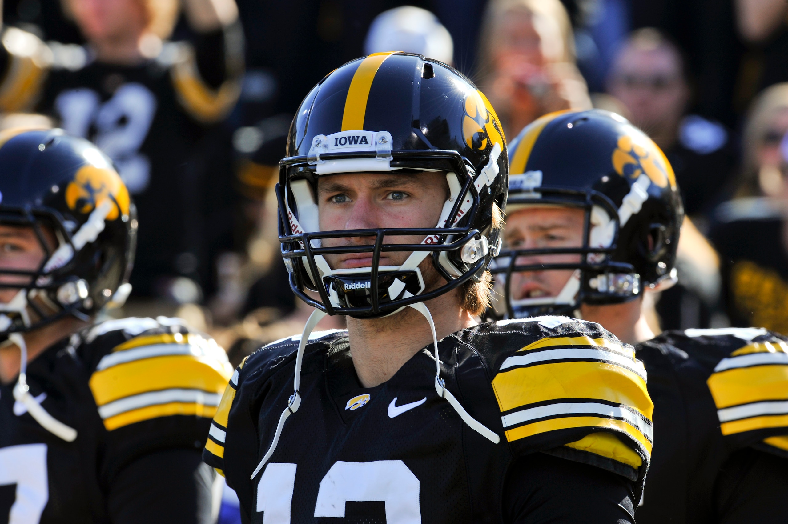 IOWA CITY, IA - OCTOBER 30- Quarterback Ricky Stanzi #12 of the University of Iowa Hawkeyes looks on from the sidelines before action begins against the Michigan State Spartans at Kinnick Stadium on October 30, 2010 in Iowa City, Iowa. Iowa won 37-6 over
