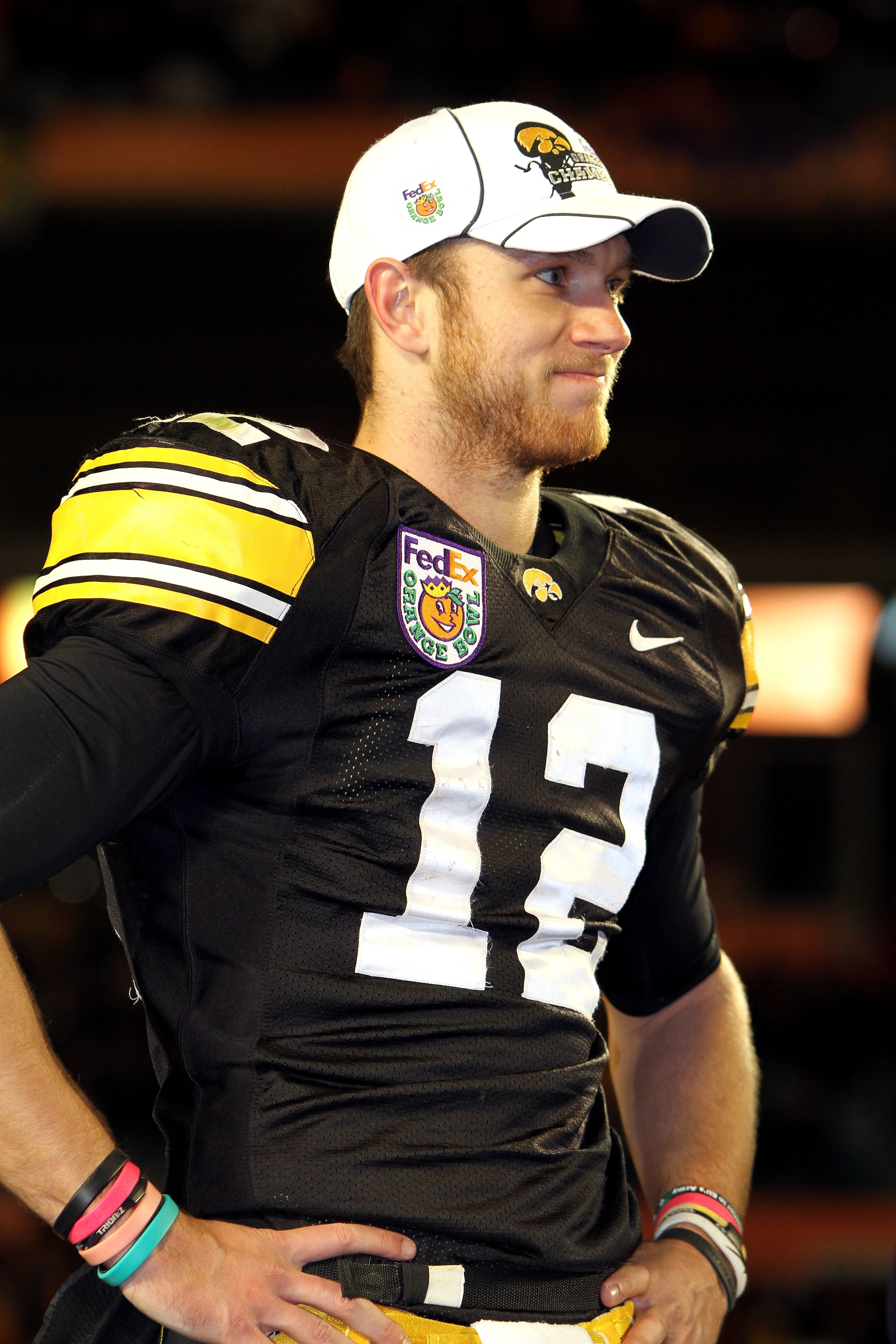 MIAMI GARDENS, FL - JANUARY 05:  Ricky Stanzi #12 of the Iowa Hawkeyes celebrates after their 24-14 win against the Georgia Tech Yellow Jackets during the FedEx Orange Bowl at Land Shark Stadium on January 5, 2010 in Miami Gardens, Florida.  (Photo by Dou