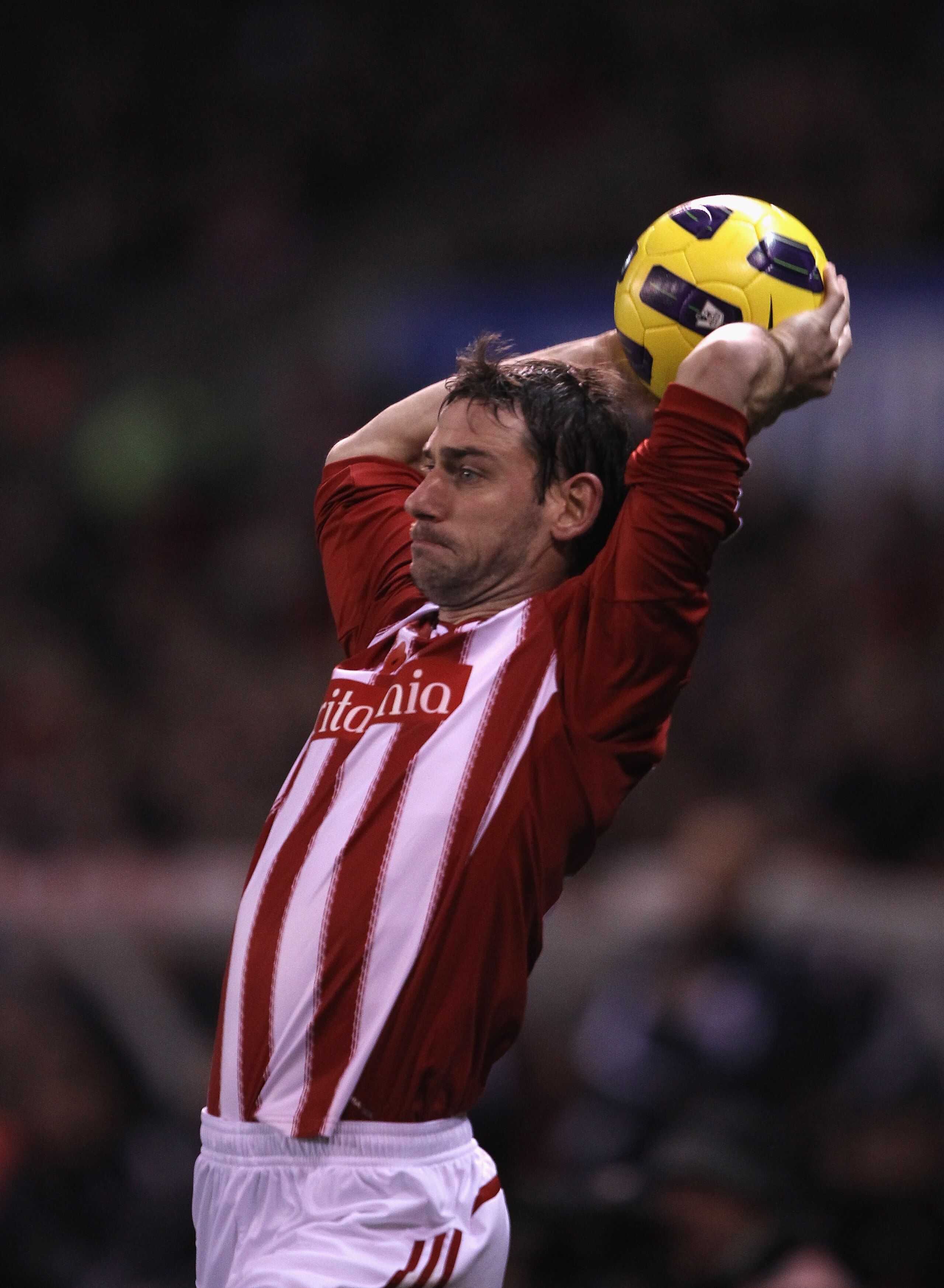 STOKE ON TRENT, ENGLAND - NOVEMBER 13: Rory Delap of Stoke City takes a throw in during the Barclays Premier League match between Stoke City and Liverpool at Britannia Stadium on November 13, 2010 in Stoke on Trent, England.  (Photo by Clive Brunskill/Get