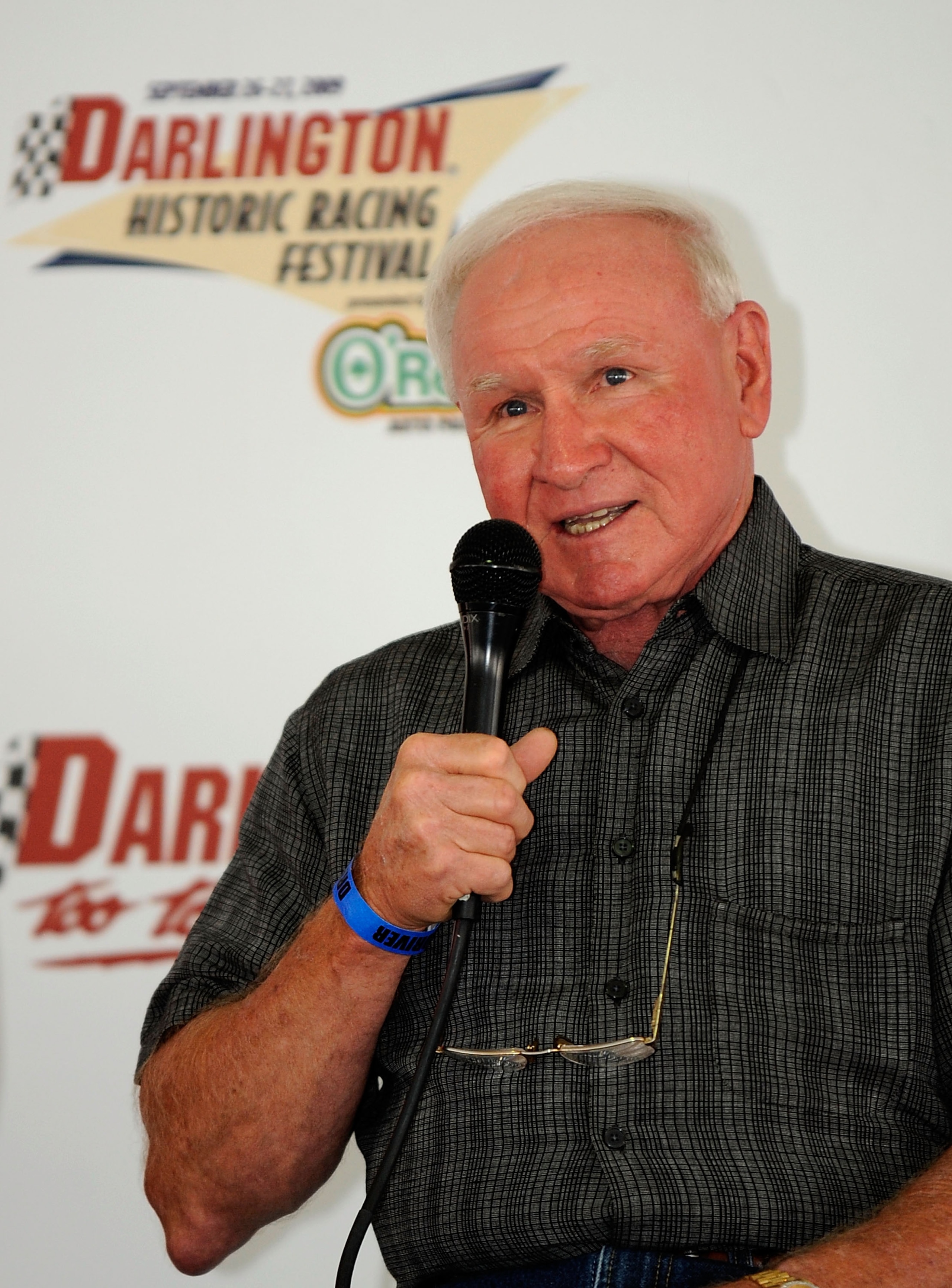 DARLINGTON, SC - SEPTEMBER 26:  NASCAR legend Cale Yarborough speaks to fans during the Darlington Historic Racing Festival on September 26, 2009 at Darlington Raceway in Darlington, South Carolina.  (Photo by Rusty Jarrett/Getty Images)