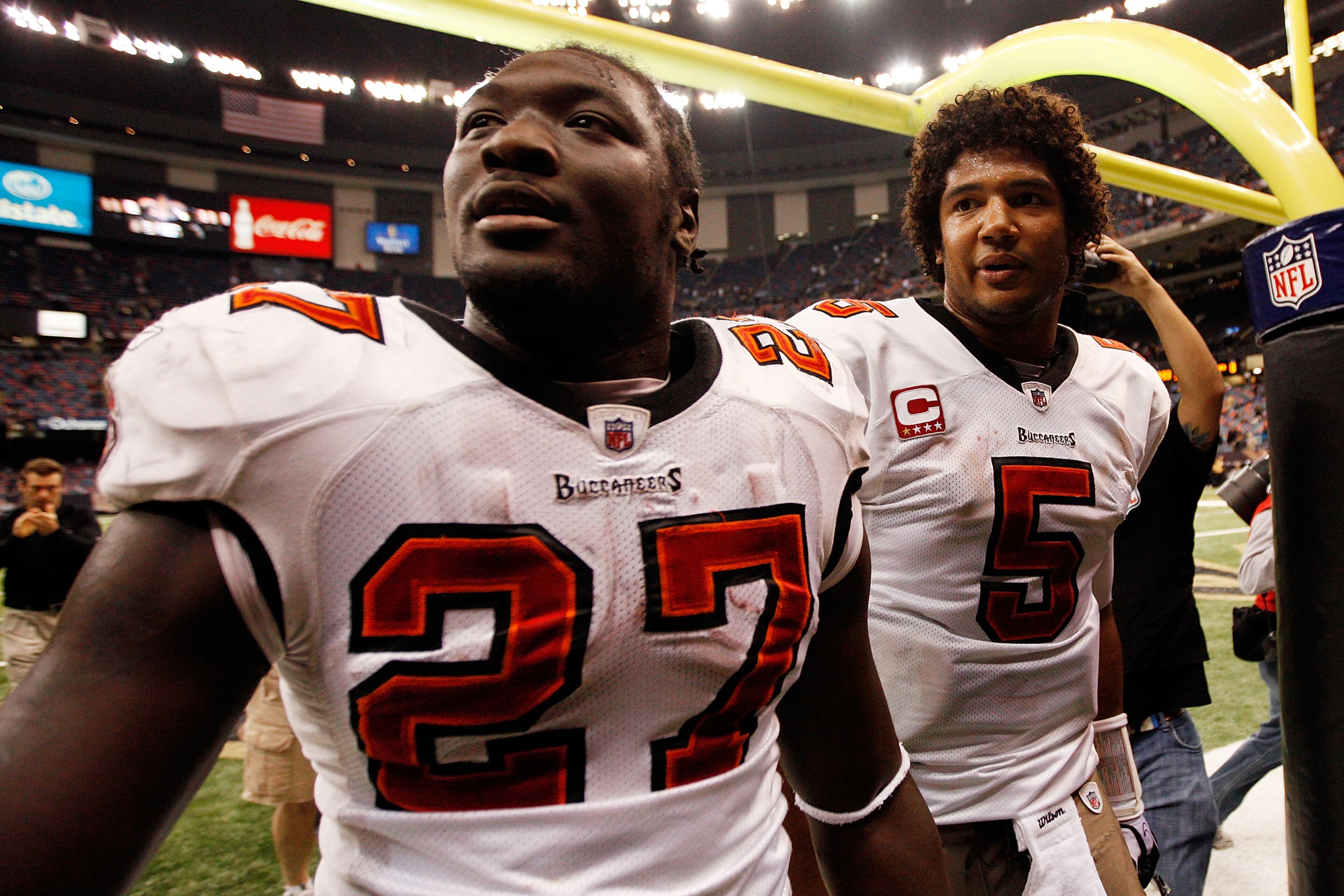 NEW ORLEANS, LA - JANUARY 02: Quarterback Josh Freeman #5 celebrates with LeGarrette Blount #27 of the Tampa Bay Buccaneers after defeating the New Orleans Saints 23-13 at the Louisiana Superdome on January 2, 2011 in New Orleans, Louisiana. (Photo by NEW ORLEANS, LA - JANUARY 02: Quarterback Josh Freeman #5 celebrates with LeGarrette Blount #27 of the Tampa Bay Buccaneers after defeating the New Orleans Saints 23-13 at the Louisiana Superdome on January 2, 2011 in New Orleans, Louisiana. (Photo by