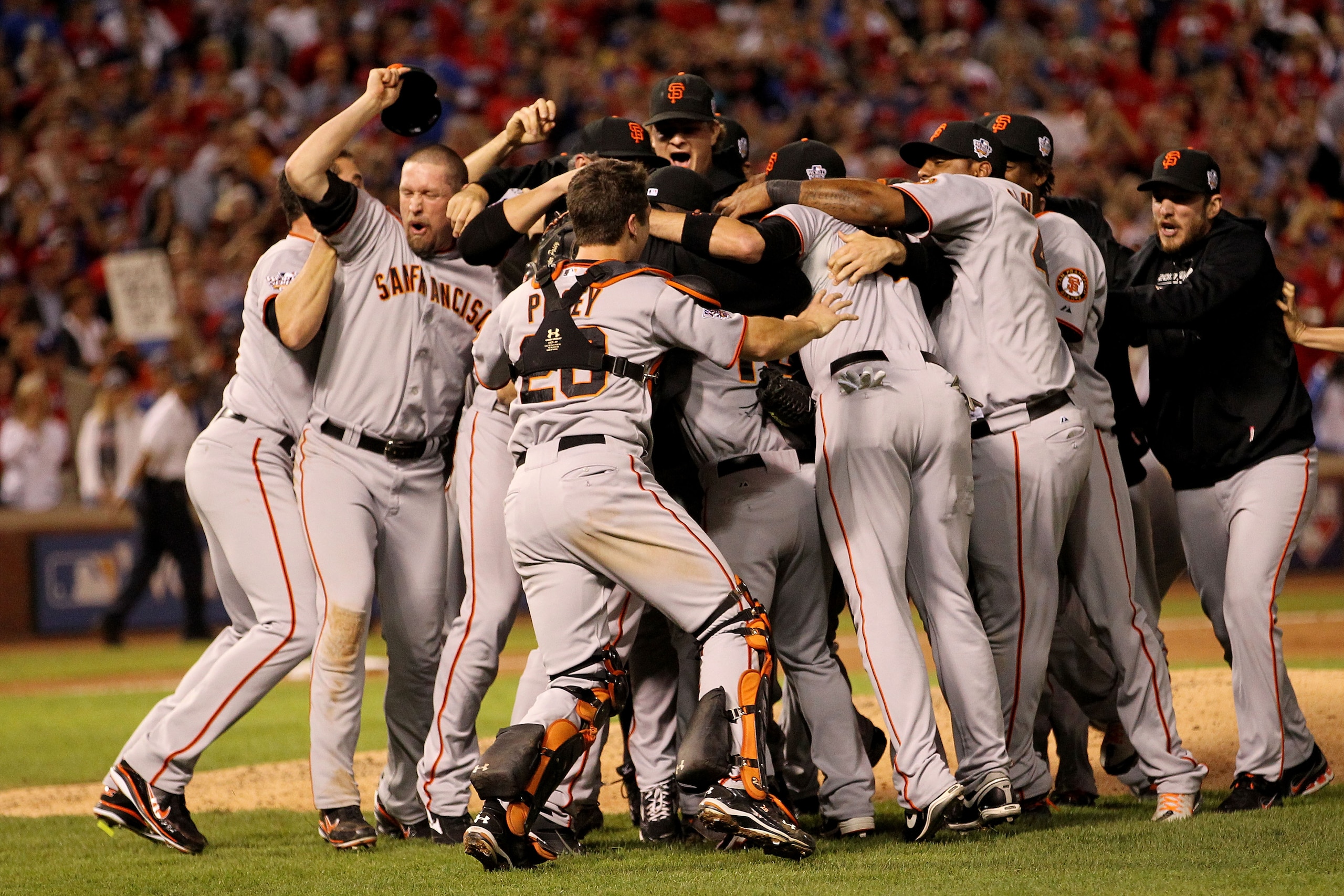 ARLINGTON, TX - NOVEMBER 01: The San Francisco Giants celebrate their 3-1 victory to win the World Series over the Texas Rangers in Game Five of the 2010 MLB World Series at Rangers Ballpark in Arlington on November 1, 2010 in Arlington, Texas. (Photo b ARLINGTON, TX - NOVEMBER 01: The San Francisco Giants celebrate their 3-1 victory to win the World Series over the Texas Rangers in Game Five of the 2010 MLB World Series at Rangers Ballpark in Arlington on November 1, 2010 in Arlington, Texas. (Photo b