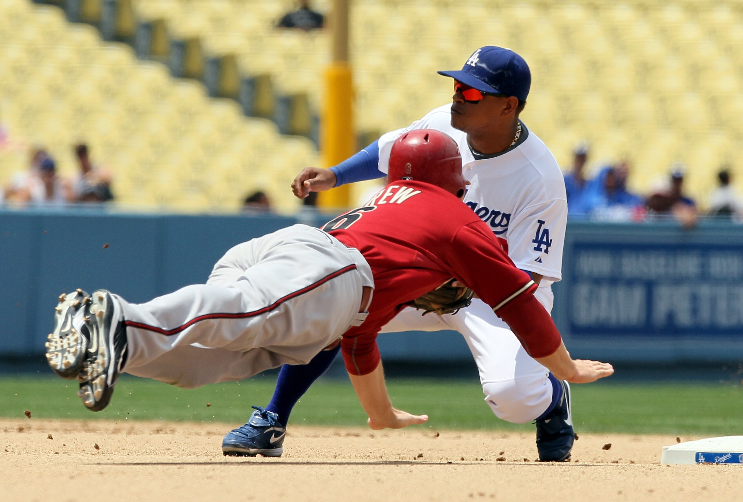 LOS ANGELES, CA - JUNE 02: Stephen Drew #6 of the Arizona Diamondbacks is tagged out by Ronnie Belliard #3 of the Los Angeles Dodgers while trying to steal second base in the seventh inning at Dodger Stadium on June 2, 2010 in Los Angeles, California. T LOS ANGELES, CA - JUNE 02: Stephen Drew #6 of the Arizona Diamondbacks is tagged out by Ronnie Belliard #3 of the Los Angeles Dodgers while trying to steal second base in the seventh inning at Dodger Stadium on June 2, 2010 in Los Angeles, California. T