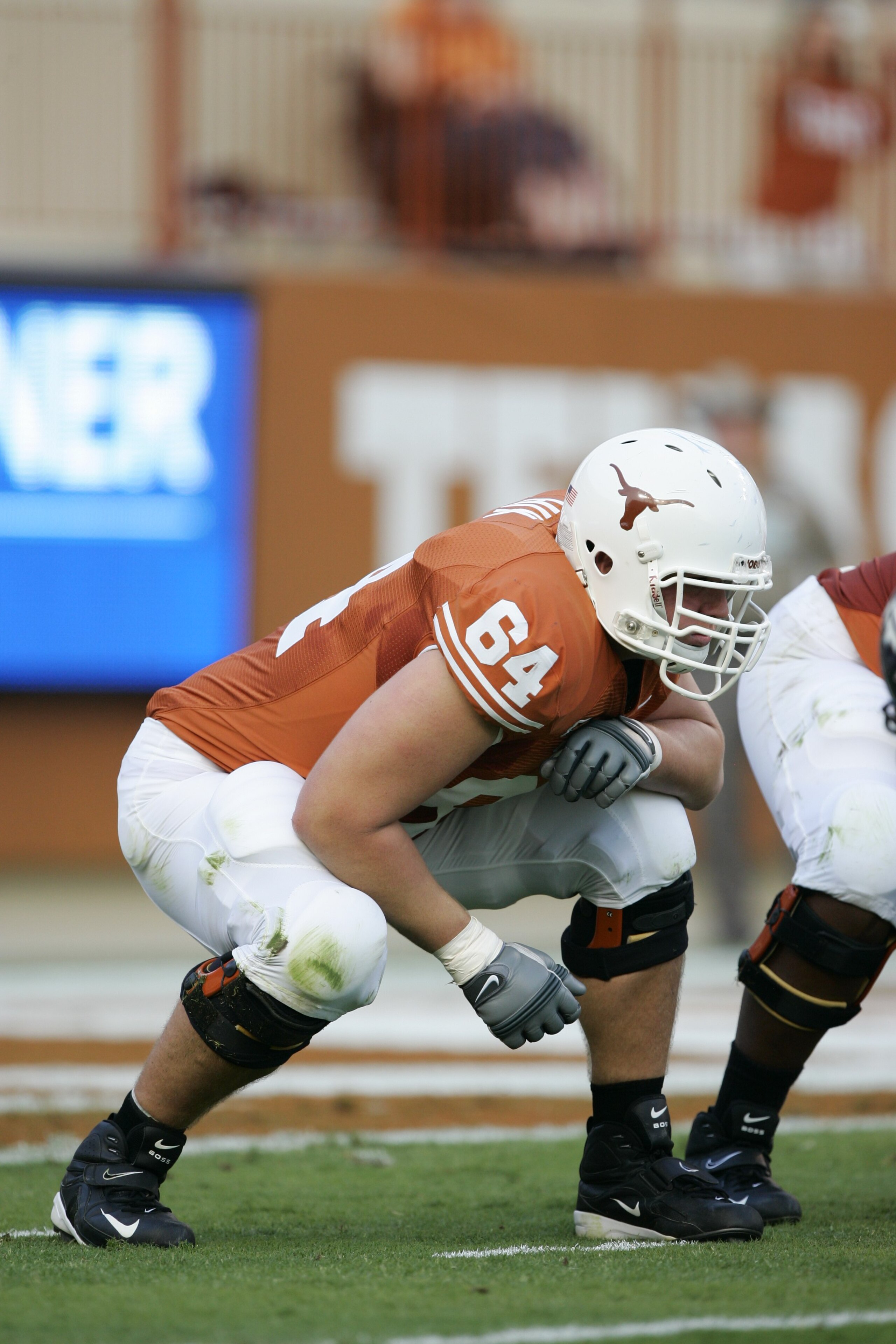 AUSTIN, TX - SEPTEMBER 20:  Kyle Hix #64 of the Texas Longhorns lines up for a play during the game against the Rice Owls on September 20, 2008 at Darrell K Royal-Texas Memorial Stadium in Austin, Texas. Texas won 52-10. (Photo by Brian Bahr/Getty Images)
