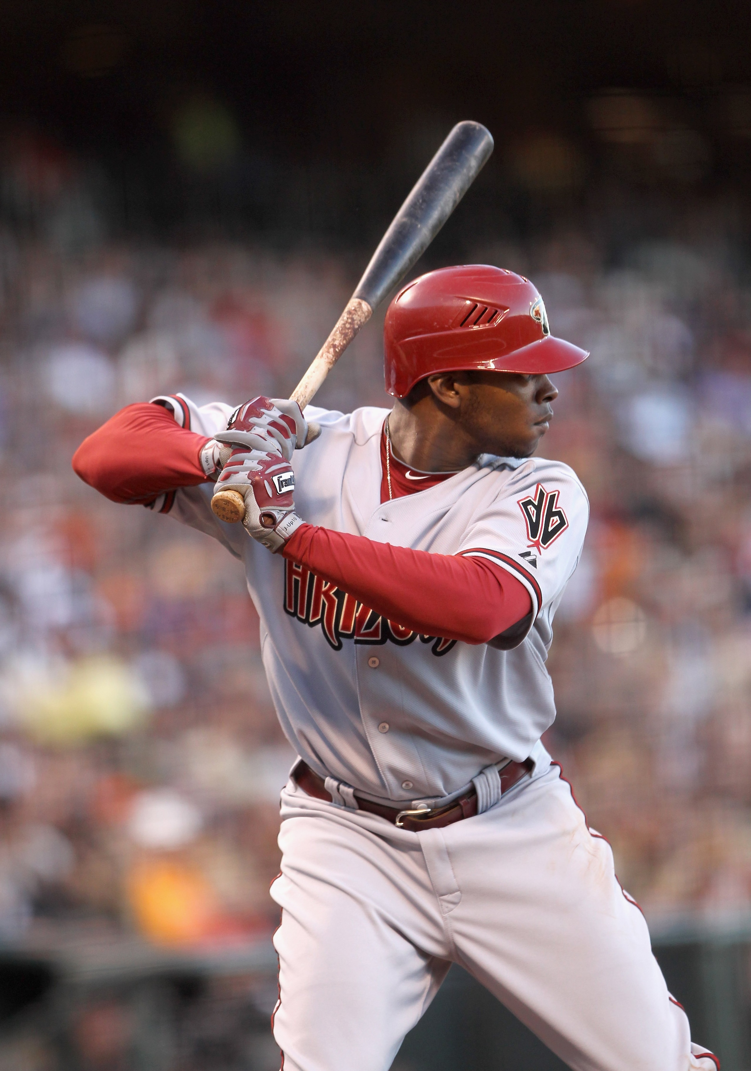 SAN FRANCISCO - MAY 29:  Justin Upton #10 of the Arizona Diamondbacks bats against the San Francisco Giants at AT&T Park on May 29, 2010 in San Francisco, California.  (Photo by Ezra Shaw/Getty Images)