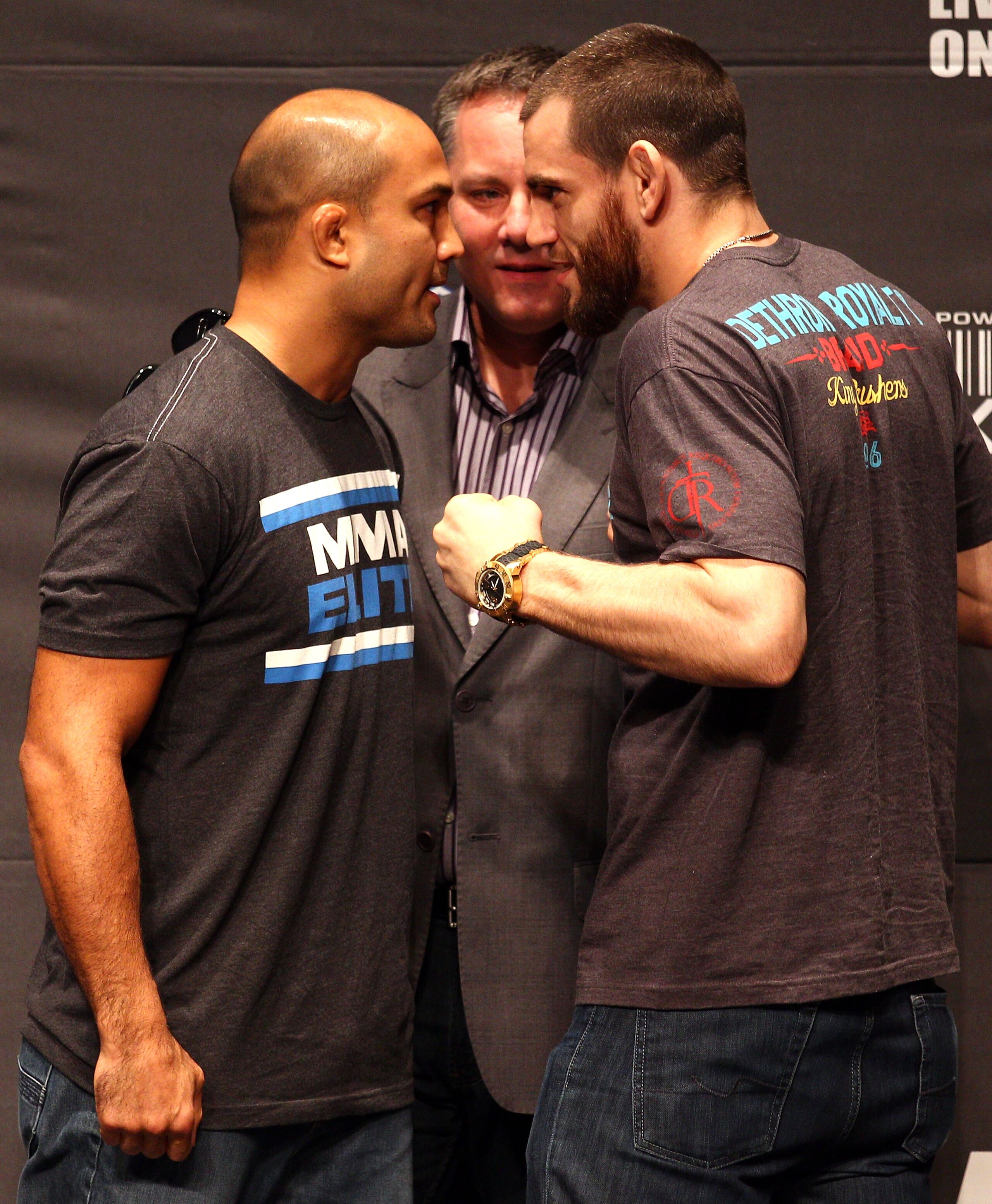 SYDNEY, AUSTRALIA - FEBRUARY 23:  BJ Penn (L) and Jon Fitch (R) of the USA pose up during a Press Conference ahead of UFC 127 at Star City on February 23, 2011 in Sydney, Australia.  (Photo by Ryan Pierse/Getty Images)