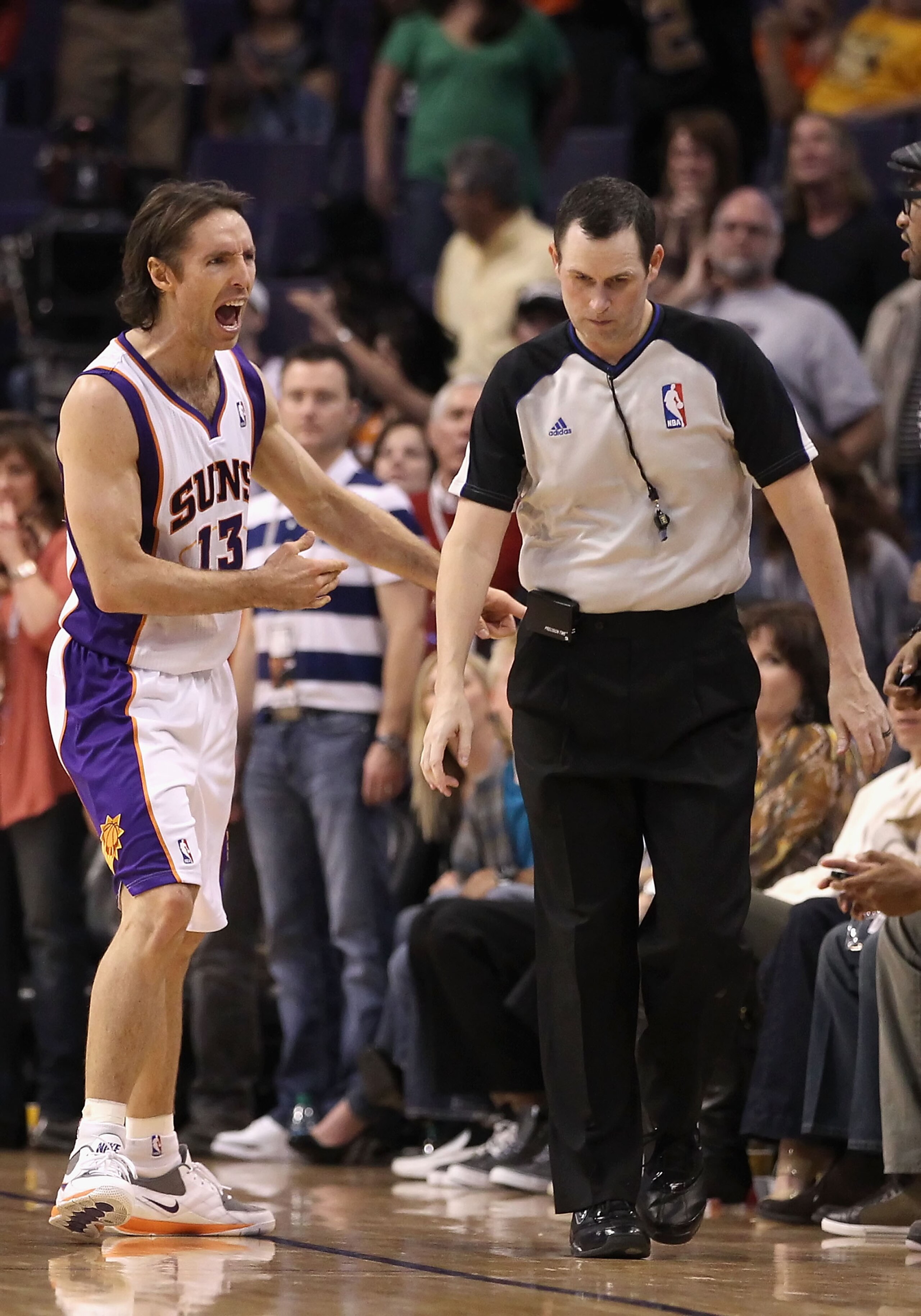 PHOENIX, AZ - JANUARY 30: Steve Nash #13 of the Phoenix Suns reacts to a non call by the referee late in the fourth quarter of the NBA game against the New Orleans Hornets at US Airways Center on January 30, 2011 in Phoenix, Arizona. The Suns defeated t PHOENIX, AZ - JANUARY 30: Steve Nash #13 of the Phoenix Suns reacts to a non call by the referee late in the fourth quarter of the NBA game against the New Orleans Hornets at US Airways Center on January 30, 2011 in Phoenix, Arizona. The Suns defeated t