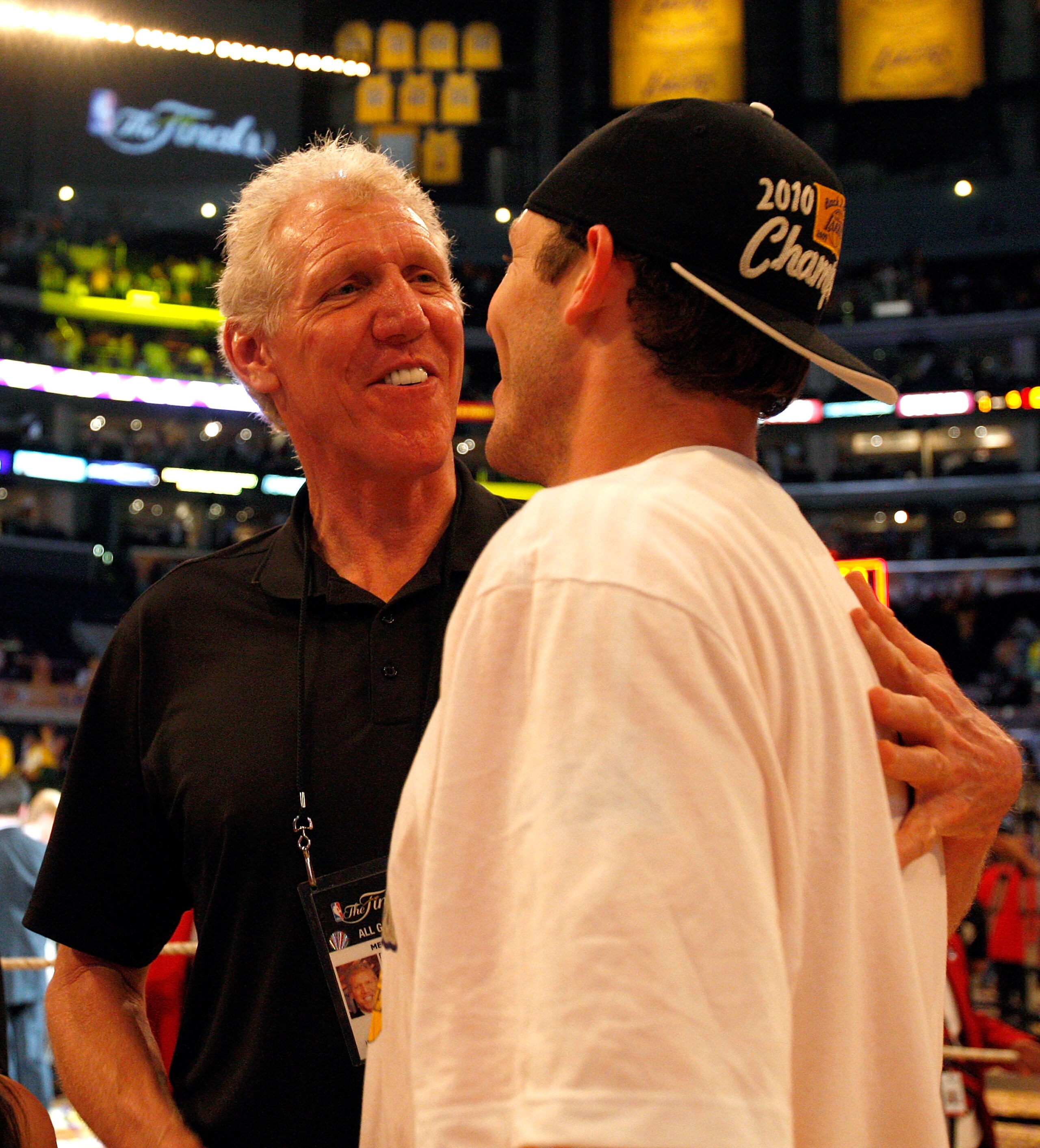 LOS ANGELES, CA - JUNE 17:  (R-L) Luke Walton #4 and father Bill Walton celebrate the Los Angeles Lakers 83-79 victory against the Boston Celtics in Game Seven of the 2010 NBA Finals at Staples Center on June 17, 2010 in Los Angeles, California.  NOTE TO