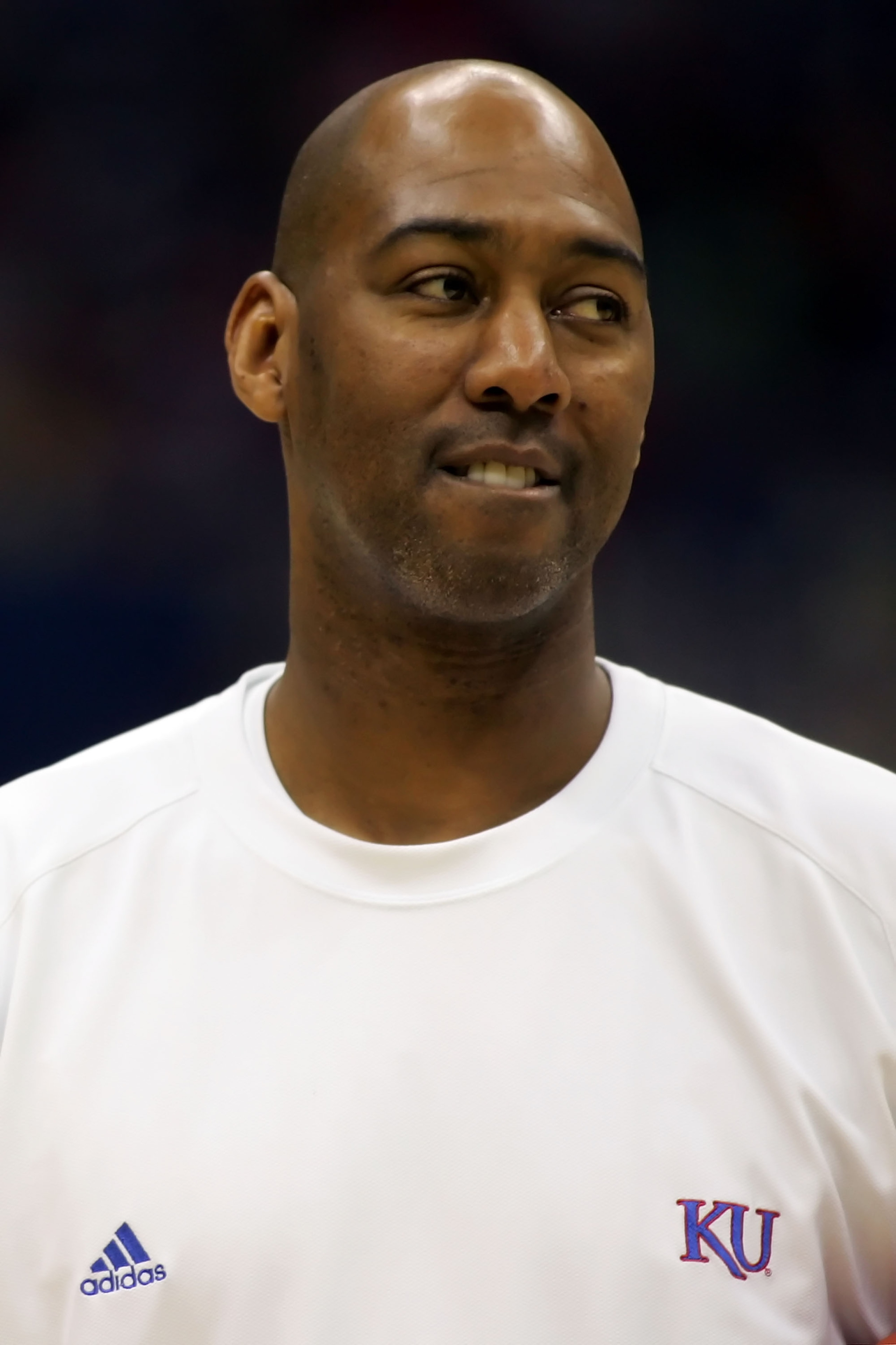 SAN ANTONIO - APRIL 04:  Assistant coach Danny Manning of the Kansas Jayhawks looks on during practice for the NCAA Men's Final Four at the Alamodome on April 4, 2008 in San Antonio, Texas.  (Photo by Ronald Martinez/Getty Images)