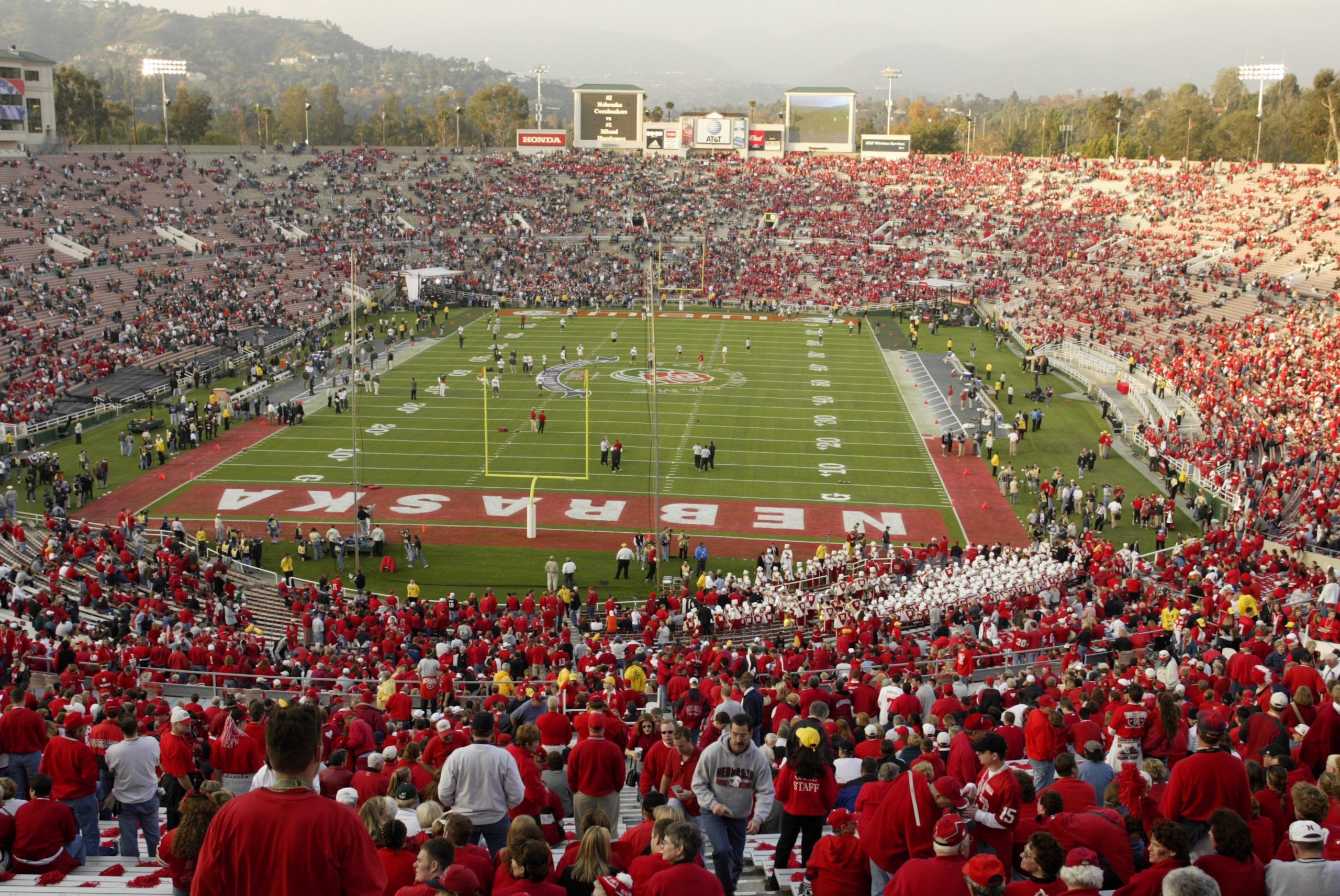 3 Jan 2002: A general view of the Rose Bowl as a sea of Nebraska fans wearing red find their seats before the start of during the Rose Bowl National Championship game against Miami at the Rose Bowl in Pasadena, California. Miami won the game 37-14, winn 3 Jan 2002: A general view of the Rose Bowl as a sea of Nebraska fans wearing red find their seats before the start of during the Rose Bowl National Championship game against Miami at the Rose Bowl in Pasadena, California. Miami won the game 37-14, winn