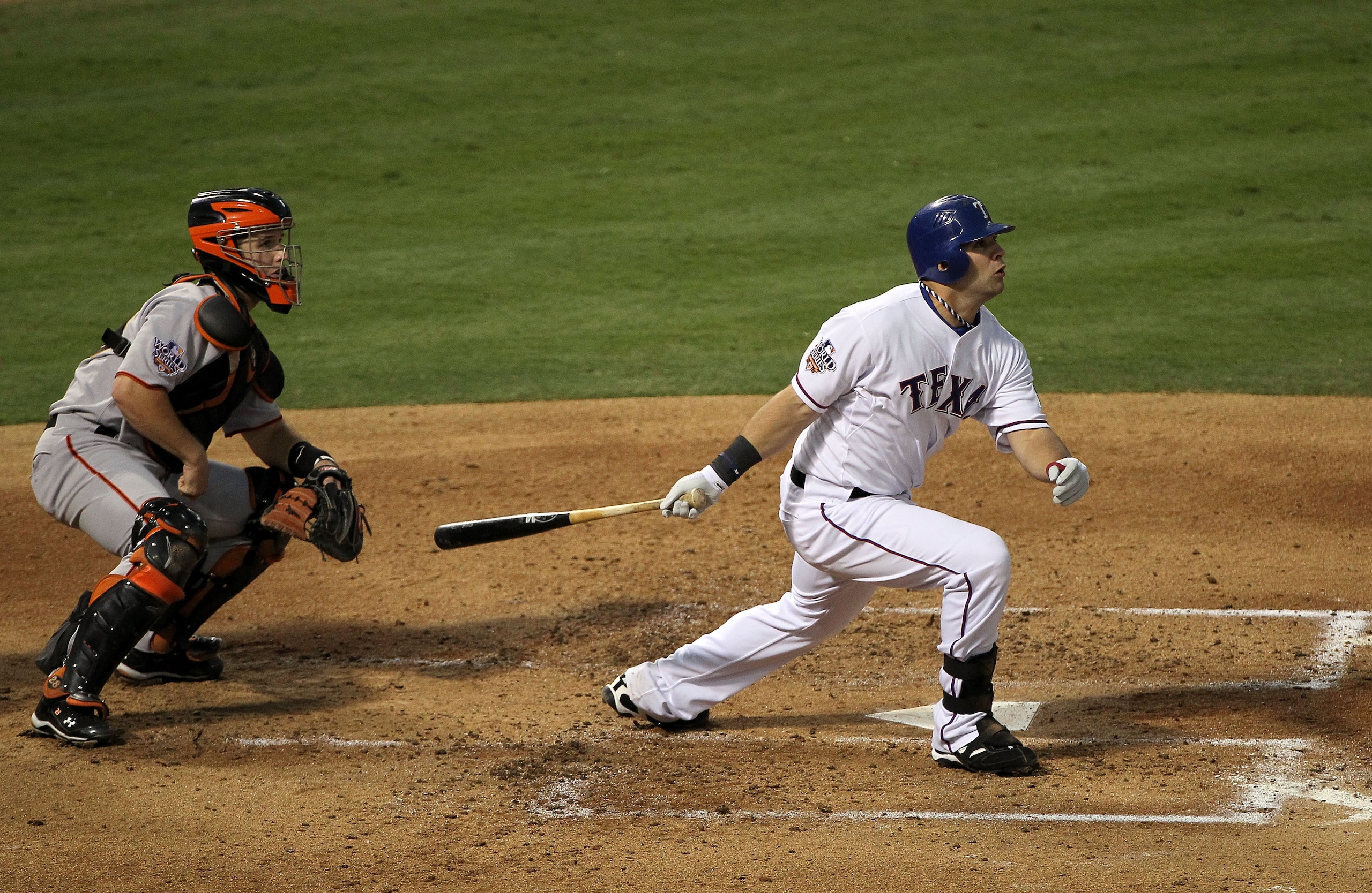 ARLINGTON, TX - OCTOBER 30:  Mitch Moreland #18 of the Texas Rangers hits a 3-run home run in the bottom of the second inning against the San Francisco Giants in Game Three of the 2010 MLB World Series at Rangers Ballpark in Arlington on October 30, 2010