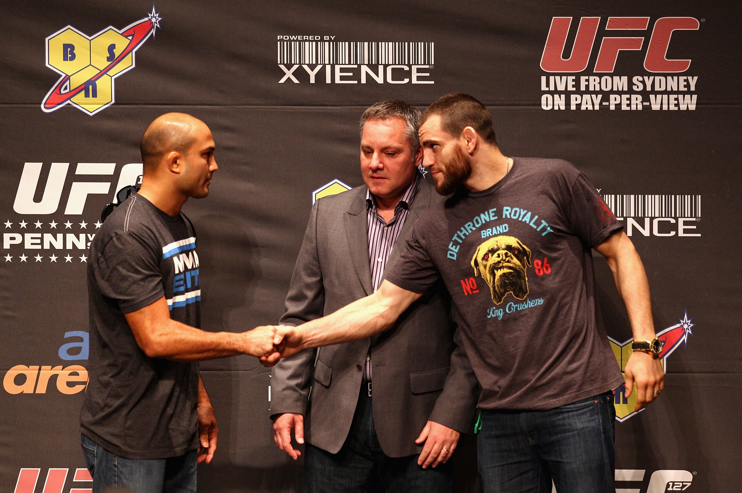 SYDNEY, AUSTRALIA - FEBRUARY 23:  BJ Penn (L) and Jon Fitch (R) of the USA pose up during a Press Conference ahead of UFC 127 at Star City on February 23, 2011 in Sydney, Australia.  (Photo by Ryan Pierse/Getty Images)