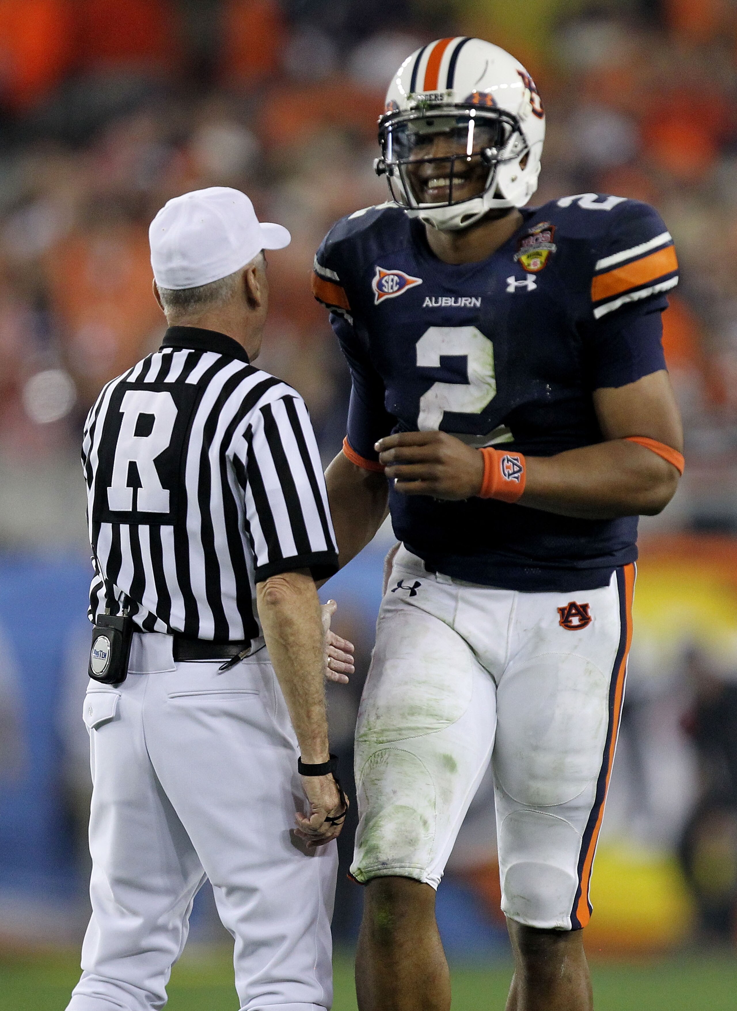 GLENDALE, AZ - JANUARY 10:  Cameron Newton #2 of the Auburn Tigers reacts during their game against the Oregon Ducks during the Tostitos BCS National Championship Game at University of Phoenix Stadium on January 10, 2011 in Glendale, Arizona.  (Photo by R