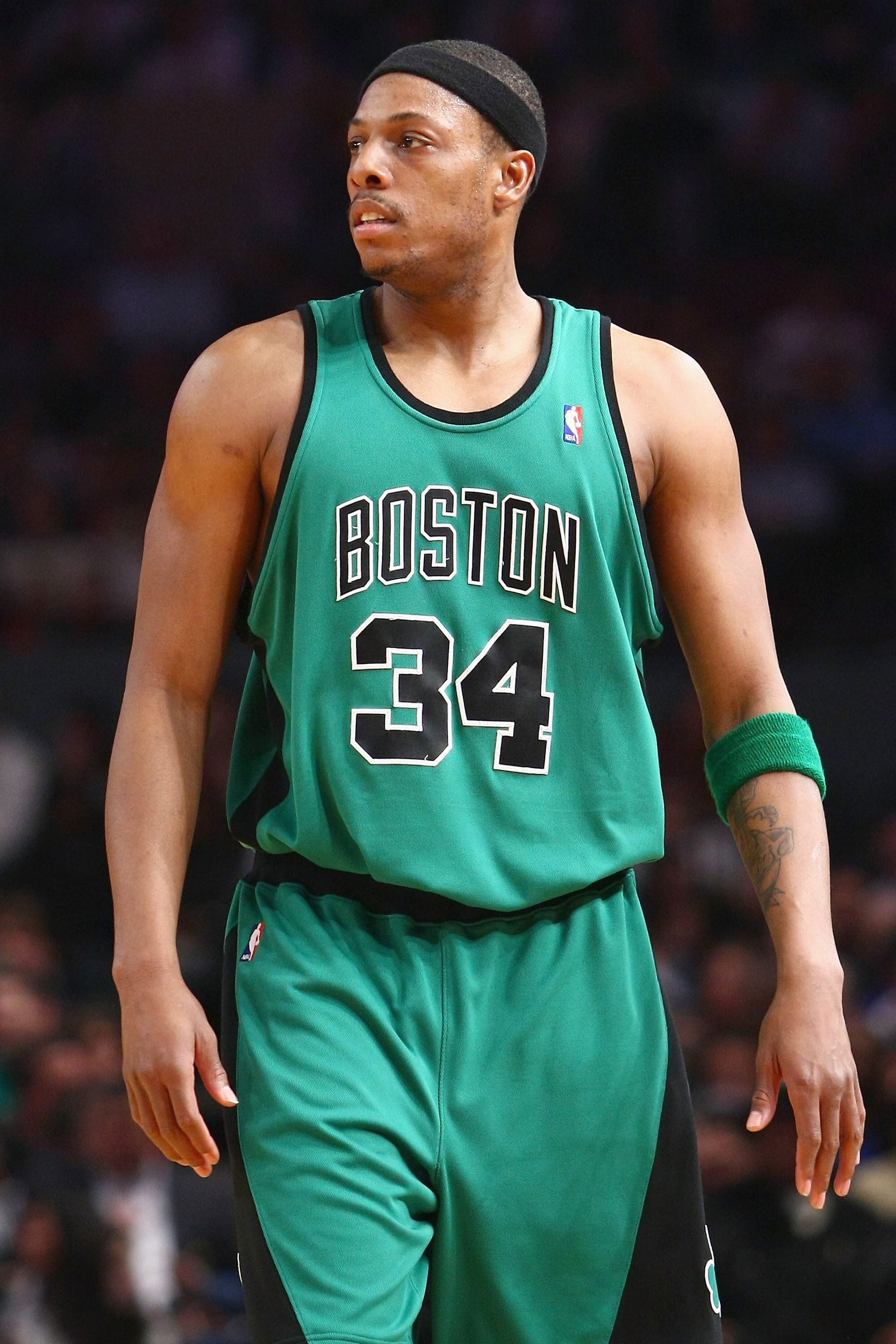 NEW YORK - FEBRUARY 06:  Paul Pierce #34 of the Boston Celtics walks on court against the New York Knicks at Madison Square Garden on February 6, 2009 in New York City. NOTE TO USER: User expressly acknowledges and agrees that, by downloading and/or using