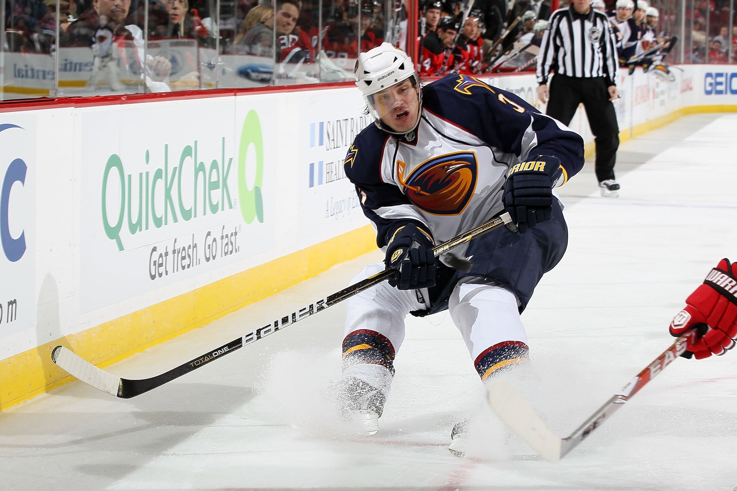 NEWARK, NJ - DECEMBER 31:  Brent Sopel #3 of the Atlanta Thrashers skates against the New Jersey Devils at the Prudential Center on December 31, 2010 in Newark, New Jersey. The Devils defeated the Thrashers 3-1.  (Photo by Jim McIsaac/Getty Images)