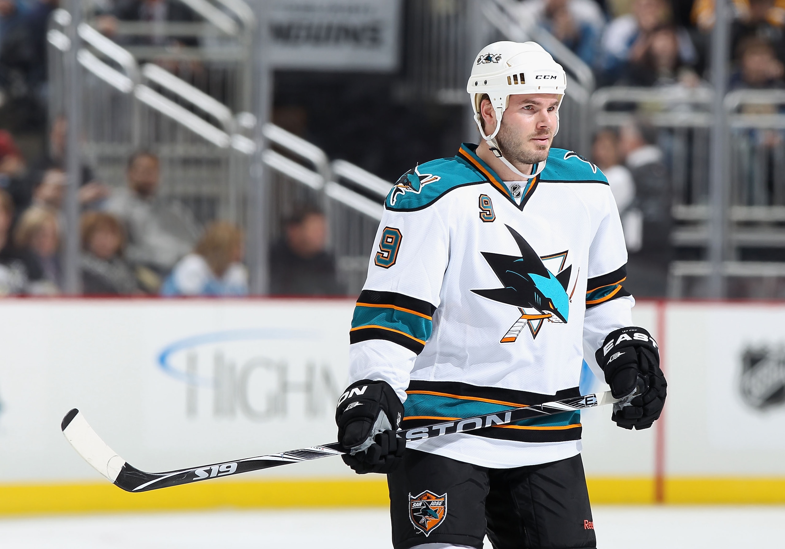 PITTSBURGH, PA - FEBRUARY 23:  Ian White #9 of the San Jose Sharks during the NHL game against the Pittsburgh Penguins at Consol Energy Center on February 23, 2011 in Pittsburgh, Pennsylvania. The Sharks defeated the Penguins 3-2 in overtime.  (Photo by C