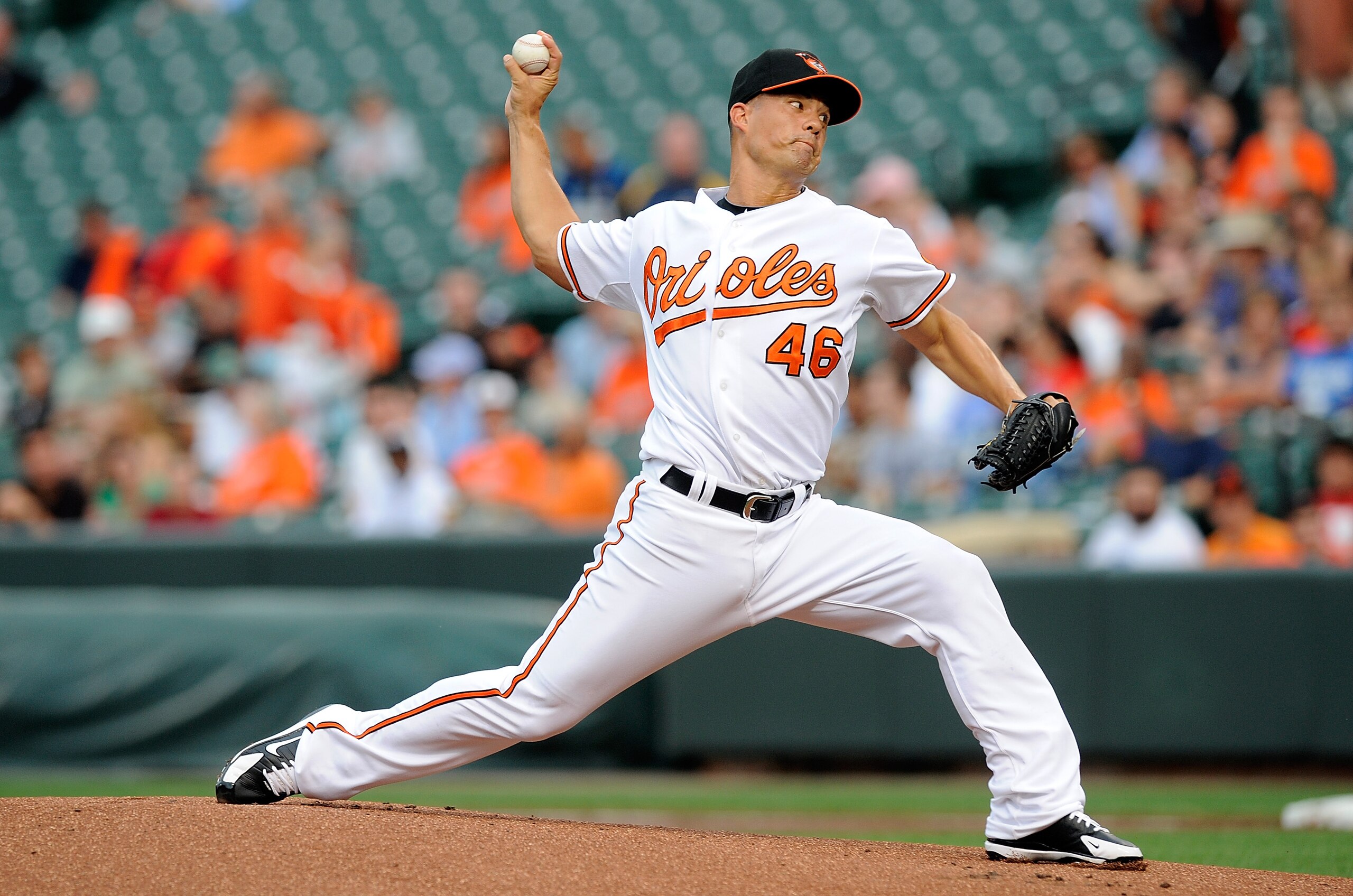 BALTIMORE - AUGUST 03: Jeremy Guthrie #46 of the Baltimore Orioles pitches against the Los Angeles Angels of Anaheim at Camden Yards on August 3, 2010 in Baltimore, Maryland. (Photo by Greg Fiume/Getty Images) BALTIMORE - AUGUST 03: Jeremy Guthrie #46 of the Baltimore Orioles pitches against the Los Angeles Angels of Anaheim at Camden Yards on August 3, 2010 in Baltimore, Maryland. (Photo by Greg Fiume/Getty Images)
