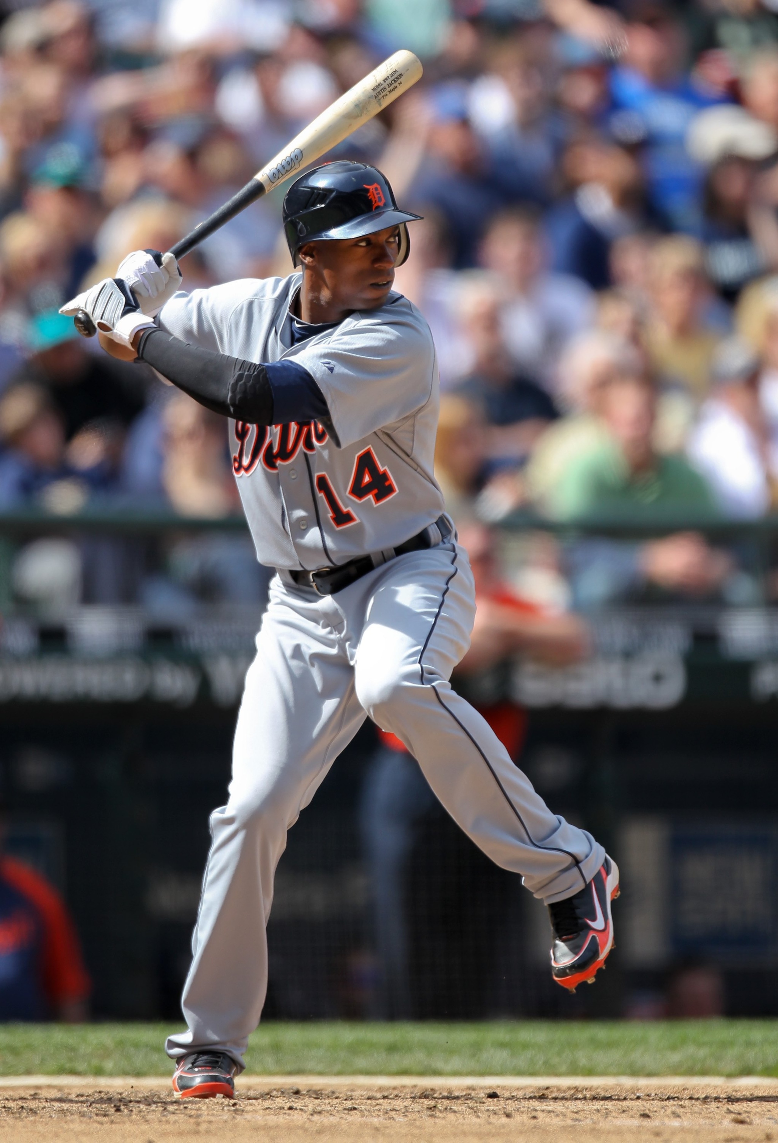 SEATTLE - APRIL 18:  Austin Jackson #14 of the Detroit Tigers bats against the Seattle Mariners at Safeco Field on April 18, 2010 in Seattle, Washington. (Photo by Otto Greule Jr/Getty Images)