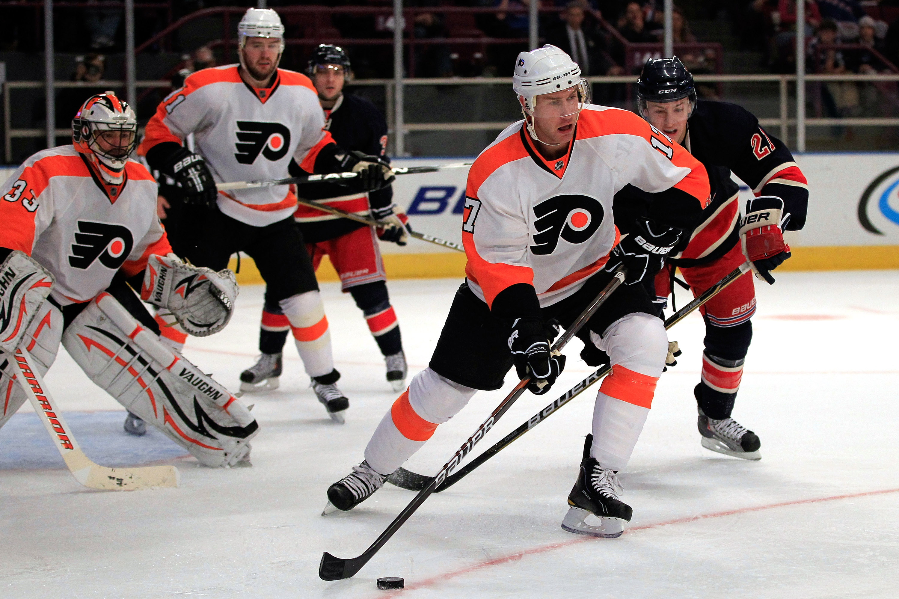 NEW YORK, NY - FEBRUARY 20:  Jeff Carter #17 of the Philadelpia Flyers clears the puck against the New York Rangers at Madison Square Garden on February 20, 2011 in New York City. The Flyers defeated the Flyers 4-2. (Photo by Chris Trotman/Getty Images)