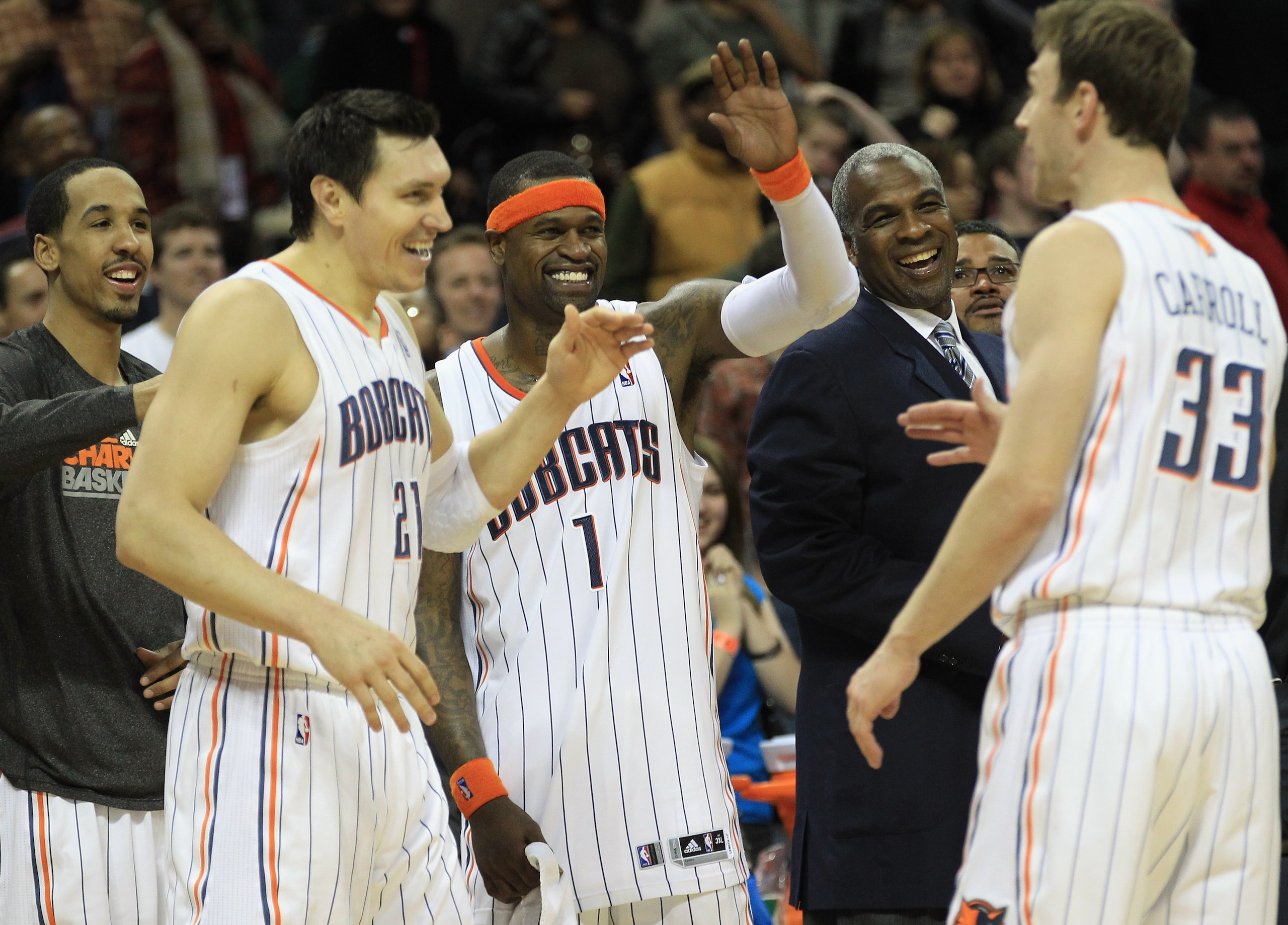CHARLOTTE, NC - FEBRUARY 25: Stephen Jackson #1 of the Charlotte Bobcats celebrates with teammates during their game against the Sacramento Kings at Time Warner Cable Arena on February 25, 2011 in Charlotte, North Carolina. NOTE TO USER: User expressly a CHARLOTTE, NC - FEBRUARY 25: Stephen Jackson #1 of the Charlotte Bobcats celebrates with teammates during their game against the Sacramento Kings at Time Warner Cable Arena on February 25, 2011 in Charlotte, North Carolina. NOTE TO USER: User expressly a