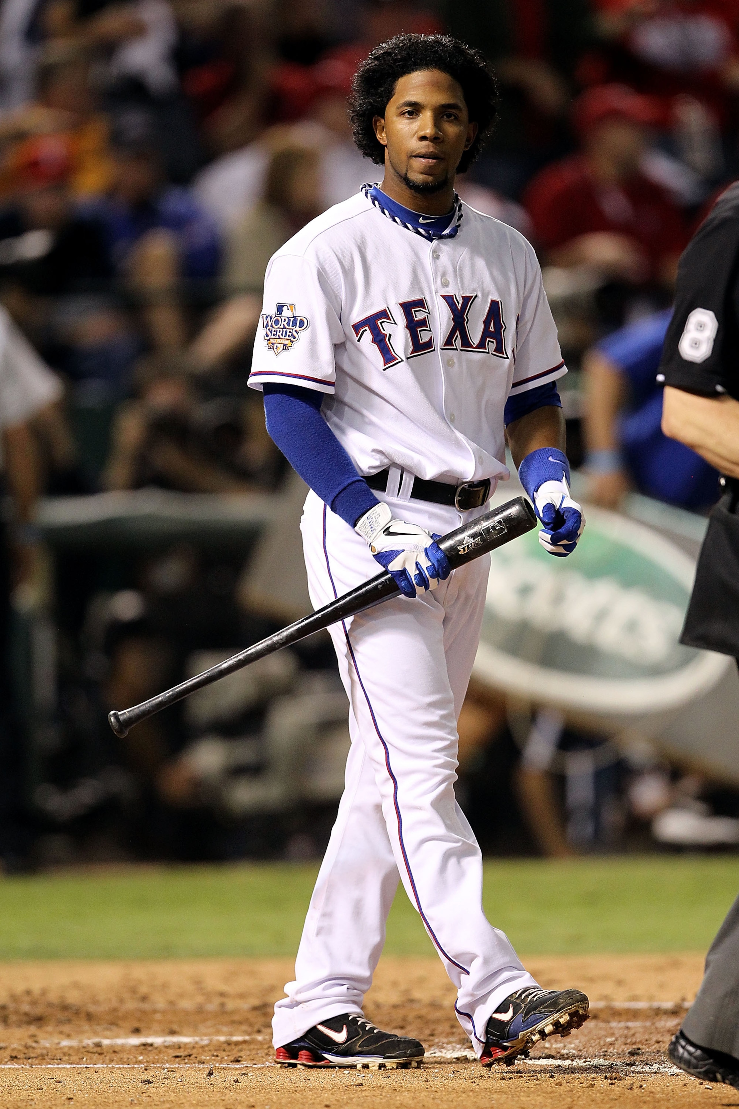 ARLINGTON, TX - NOVEMBER 01:  Elvis Andrus #1 of the Texas Rangers reacts after he struck out against the San Francisco Giants in Game Five of the 2010 MLB World Series at Rangers Ballpark in Arlington on November 1, 2010 in Arlington, Texas. The Giants w