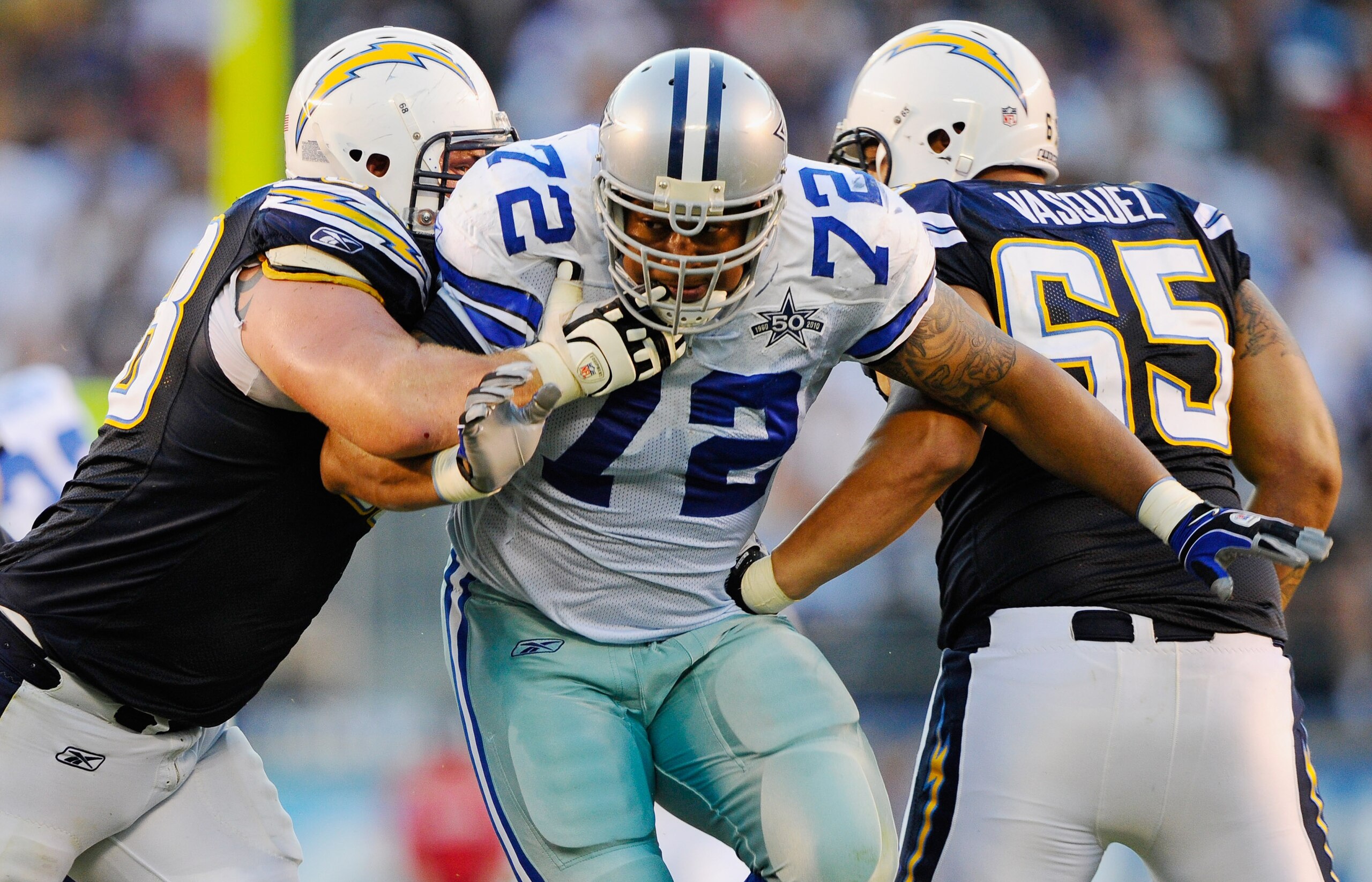 SAN DIEGO - AUGUST 21:  Stephen Bowen #72 of the Dallas Cowboys in action against Kris Wilson #88 of the San Diego Chargers during the pre-season NFL football game at Qualcomm Stadium on August 21, 2010 in San Diego, California.  (Photo by Kevork Djansezi