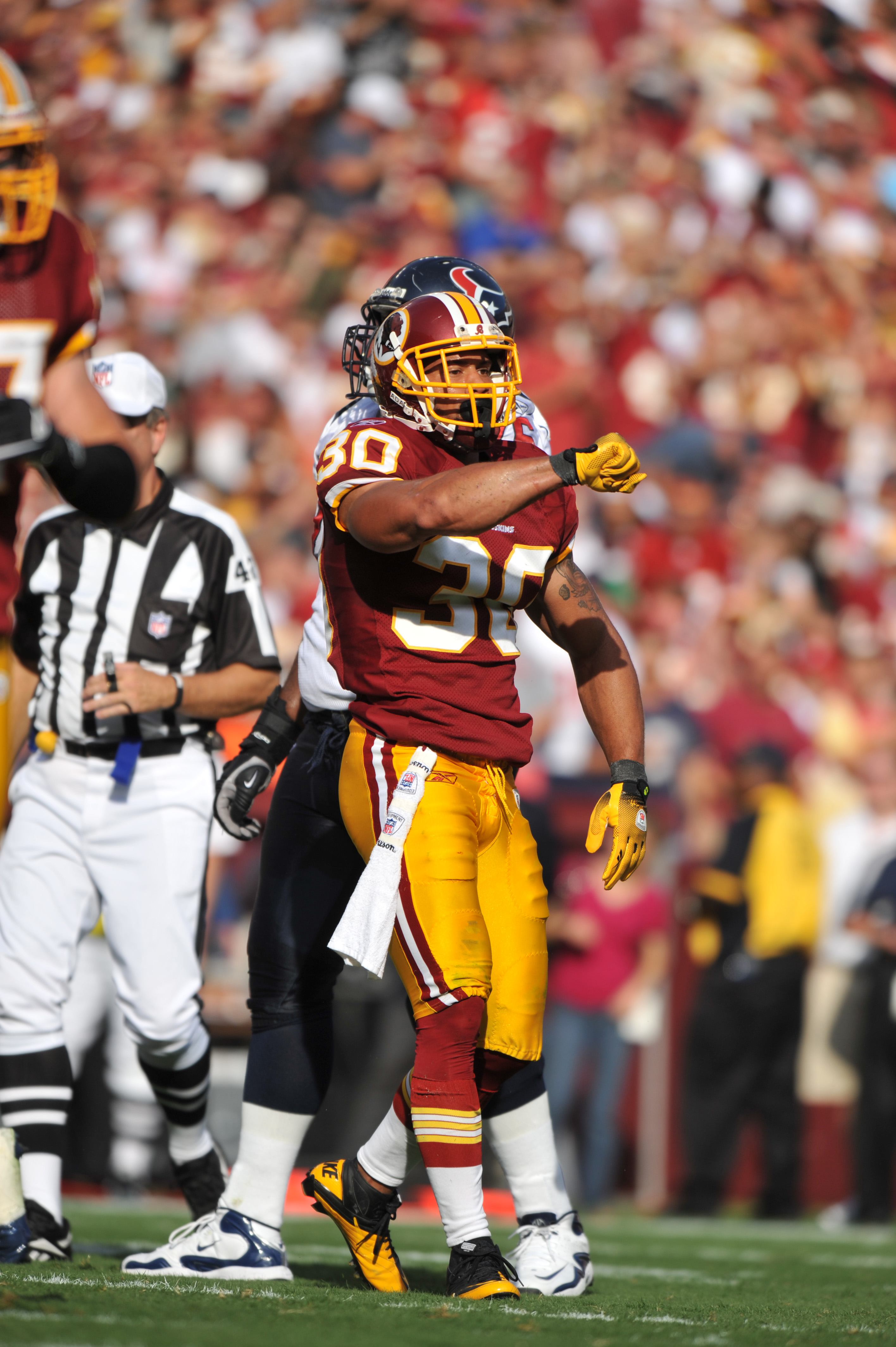 LANDOVER, MD - SEPTEMBER 19:  LaRon Landry #30 of the Washington Redskins celebrates a play against the Houston Texans at FedExField on September 19, 2010 in Landover, Maryland. The Texans defeated the Redskins in overtime 30-27. (Photo by Larry French/Ge