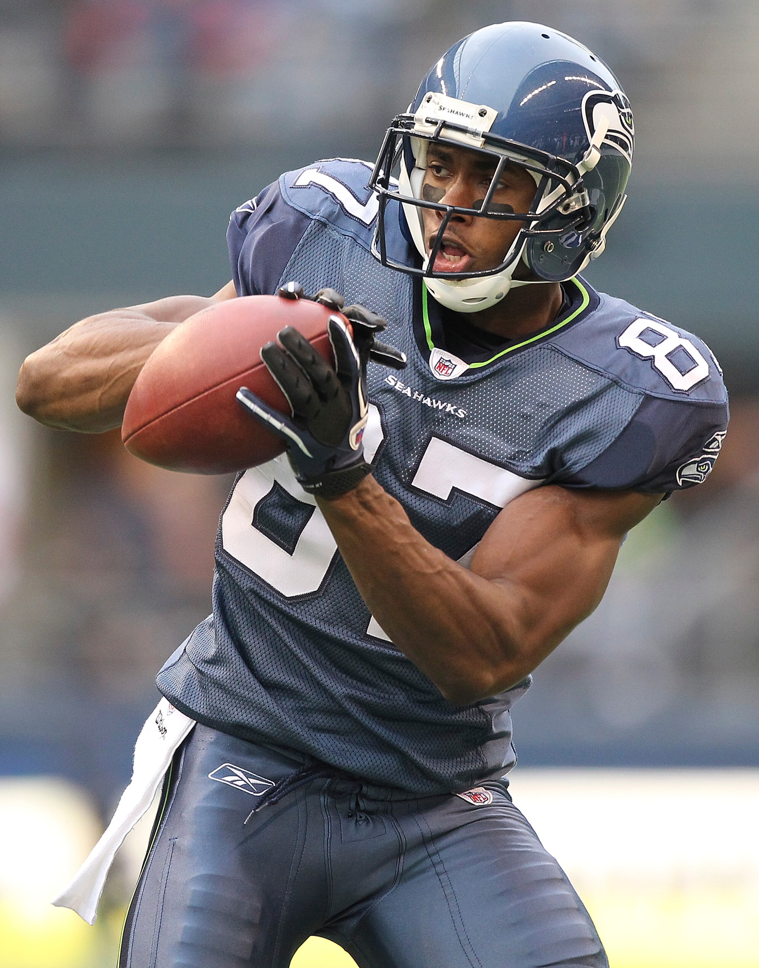 SEATTLE, WA - DECEMBER 05:  Wide receiver Ben Obomanu #87 of the Seattle Seahawks makes a catch against the Carolina Panthers at Qwest Field on December 5, 2010 in Seattle, Washington. The Seahawks defeated the Panthers 31-14. (Photo by Otto Greule Jr/Get