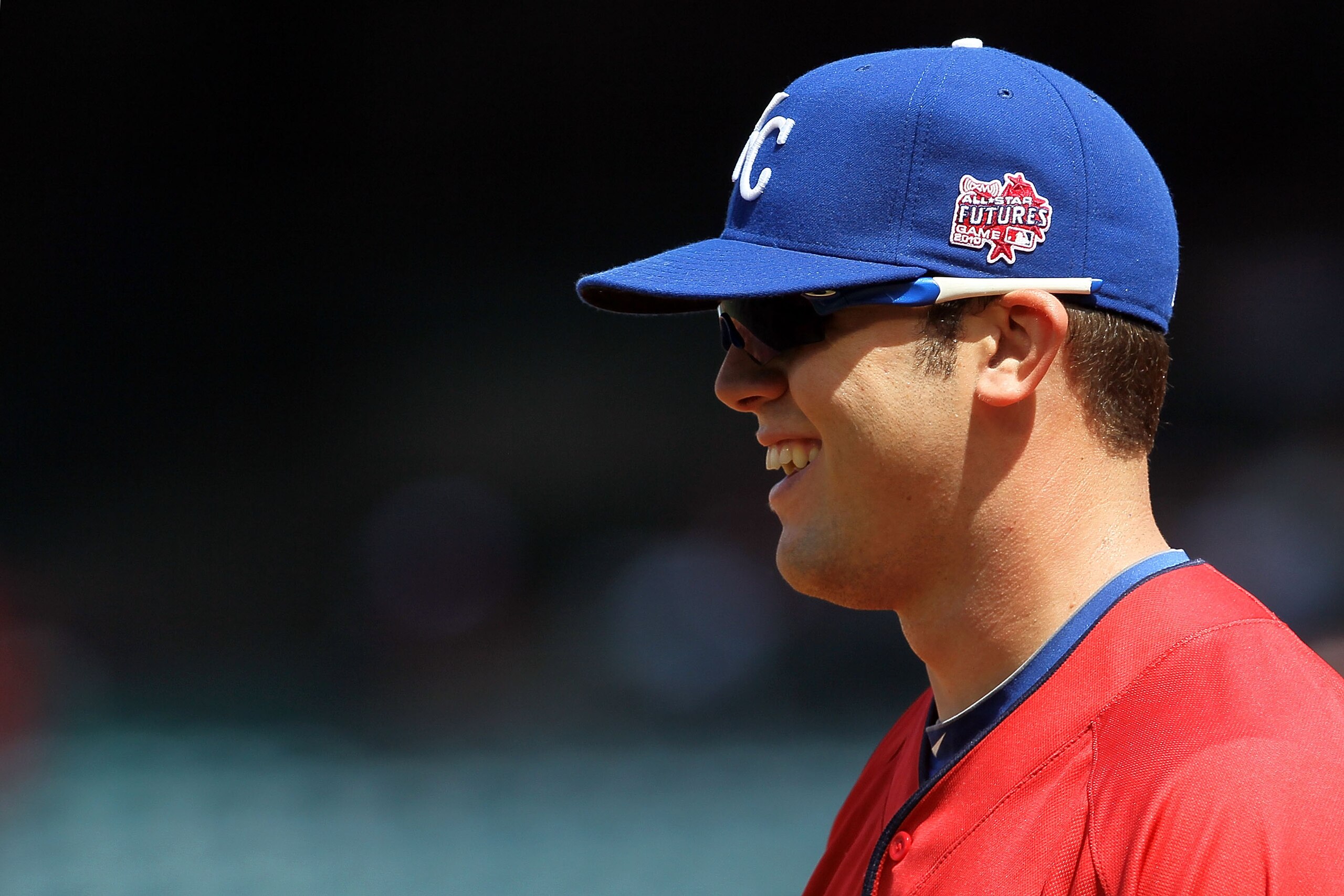 ANAHEIM, CA - JULY 11: U.S. Futures All-Star Mike Moustakas #8 of the Kansas City Royals looks on during the 2010 XM All-Star Futures Game at Angel Stadium of Anaheim on July 11, 2010 in Anaheim, California. (Photo by Stephen Dunn/Getty Images) ANAHEIM, CA - JULY 11: U.S. Futures All-Star Mike Moustakas #8 of the Kansas City Royals looks on during the 2010 XM All-Star Futures Game at Angel Stadium of Anaheim on July 11, 2010 in Anaheim, California. (Photo by Stephen Dunn/Getty Images)