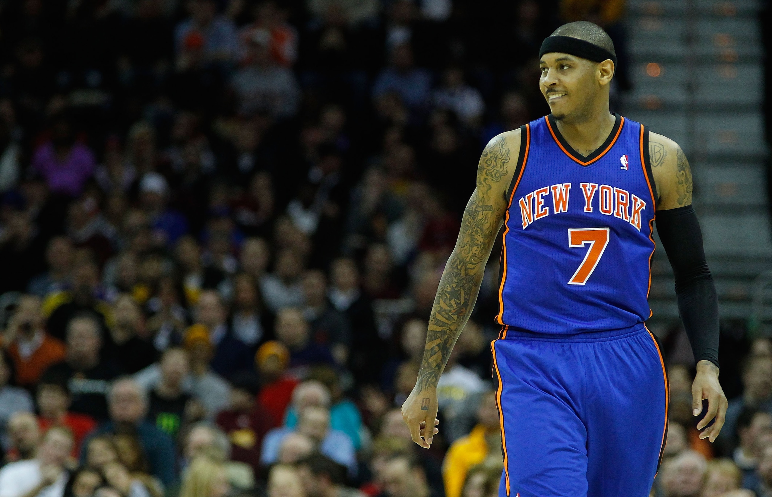 CLEVELAND - FEBRUARY 25:  Carmelo Anthony #7 of the New York Knicks stands on the court during the game against the Cleveland Cavaliers on February 25, 2011 at Quicken Loans Arena in Cleveland, Ohio. NOTE TO USER: User expressly acknowledges and agrees th