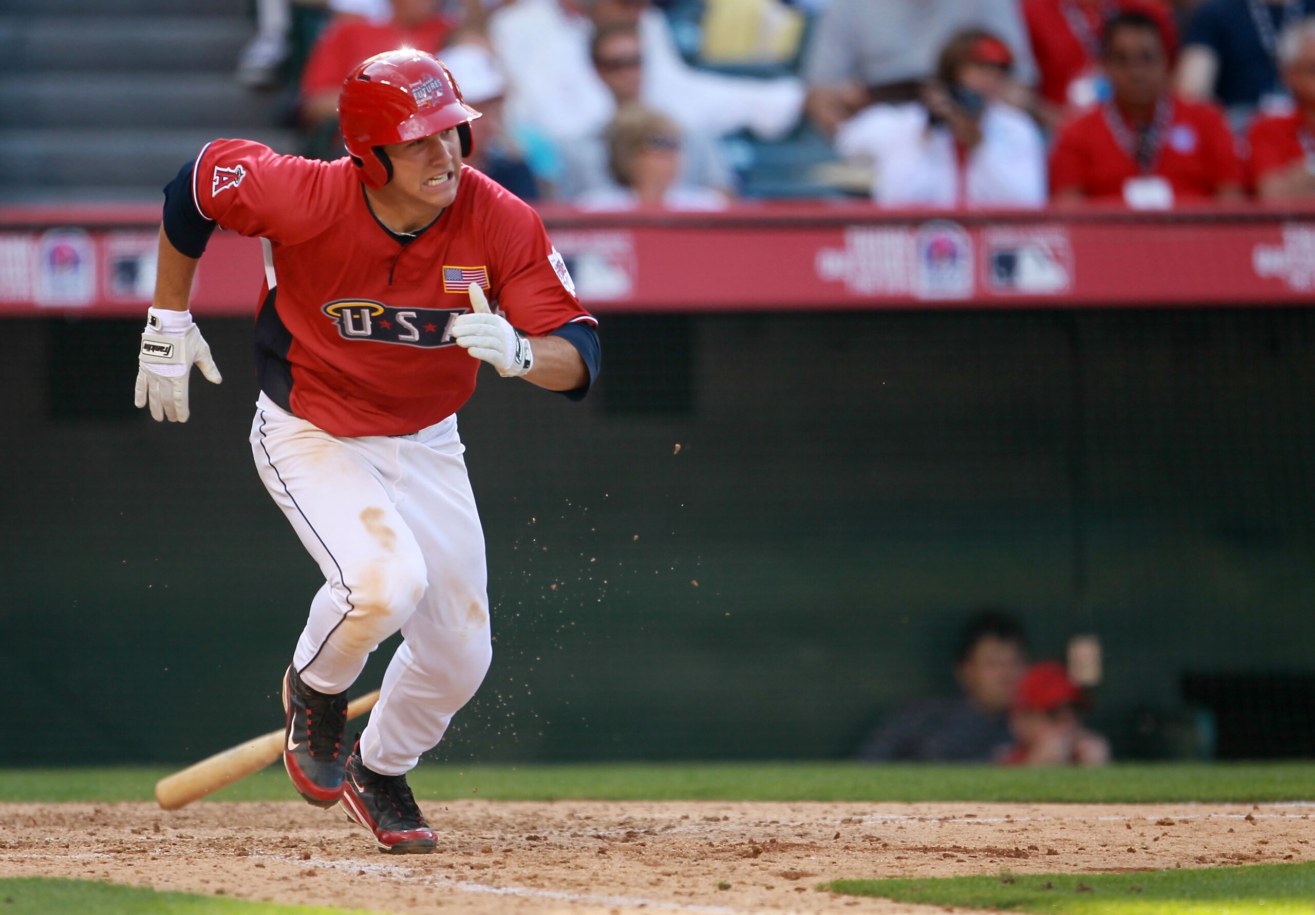 ANAHEIM, CA - JULY 11:  U.S. Futures All-Star Mike Trout #20 of the Los Angeles Angels of Anaheim runs to first during the 2010 XM All-Star Futures Game at Angel Stadium of Anaheim on July 11, 2010 in Anaheim, California.  (Photo by Jeff Gross/Getty Image