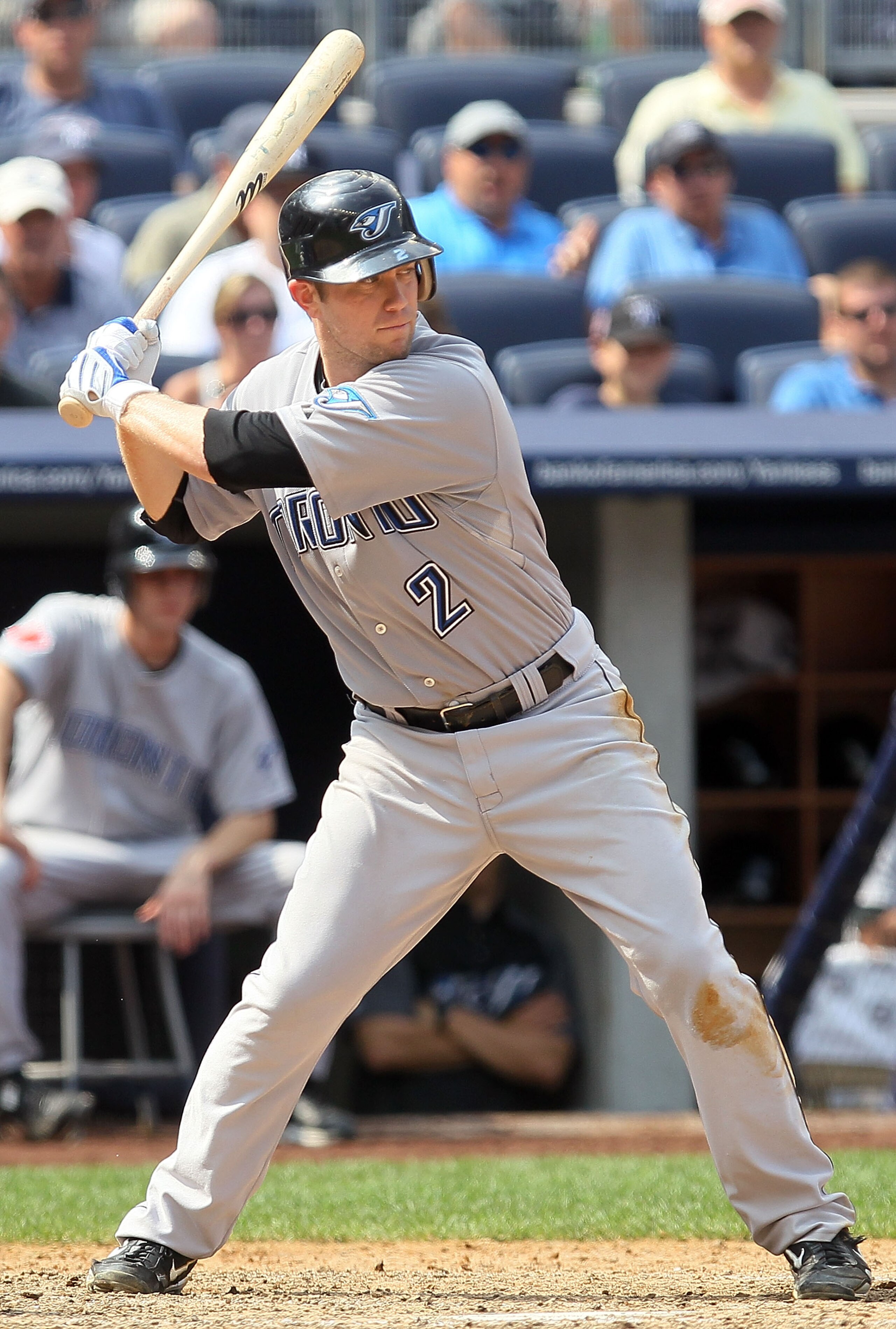 NEW YORK - AUGUST 04:  Aaron Hill #2 of the Toronto Blue Jays bats against the New York Yankees on August 4, 2010 at Yankee Stadium in the Bronx borough of New York City.  (Photo by Jim McIsaac/Getty Images)