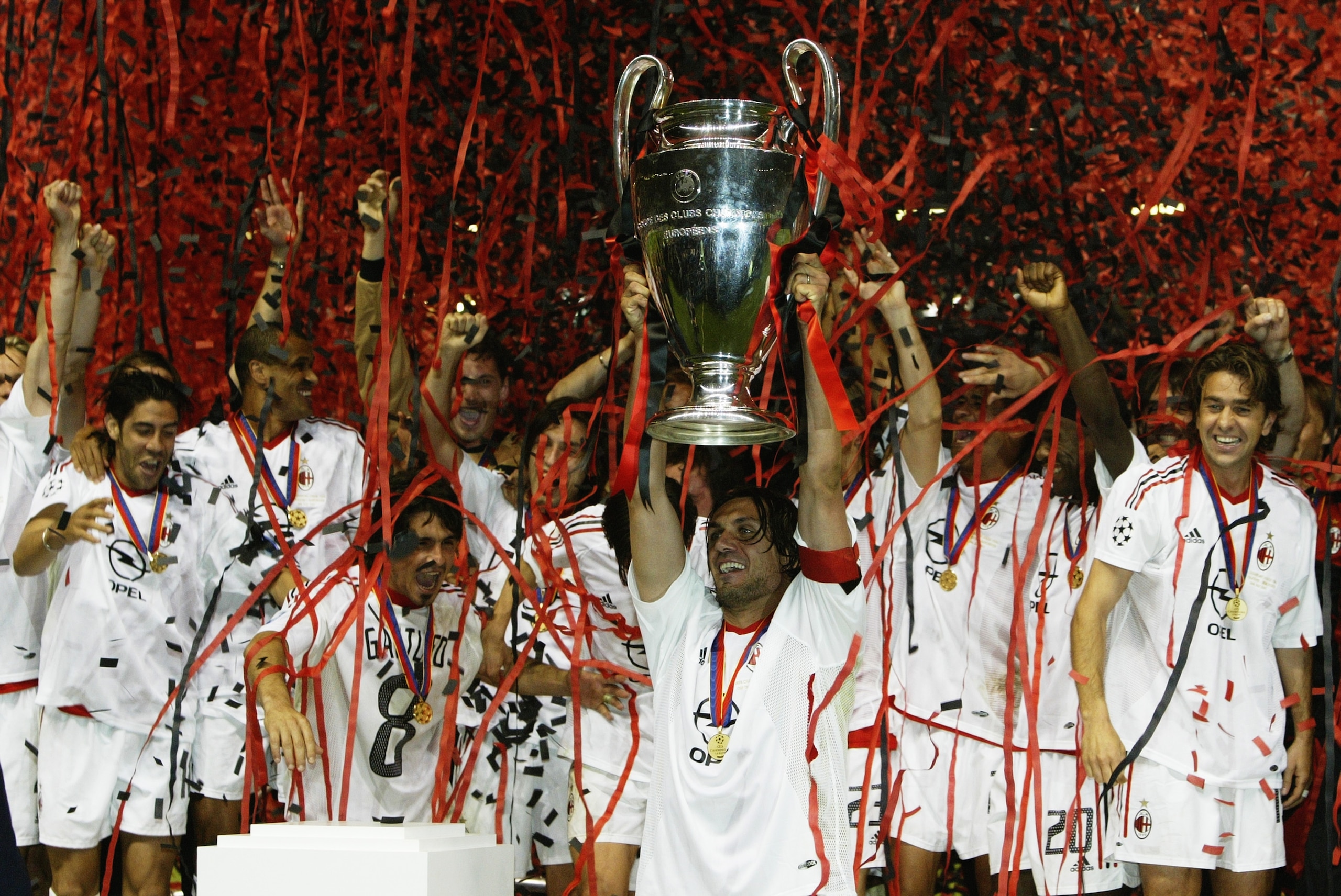 MANCHESTER - MAY 28:  The AC Milan players celebrate after winning the UEFA Champions League Final during the UEFA Champions League Final match between Juventus FC and AC Milan on May 28, 2003 at Old Trafford in Manchester, England.  AC Milan won the fina