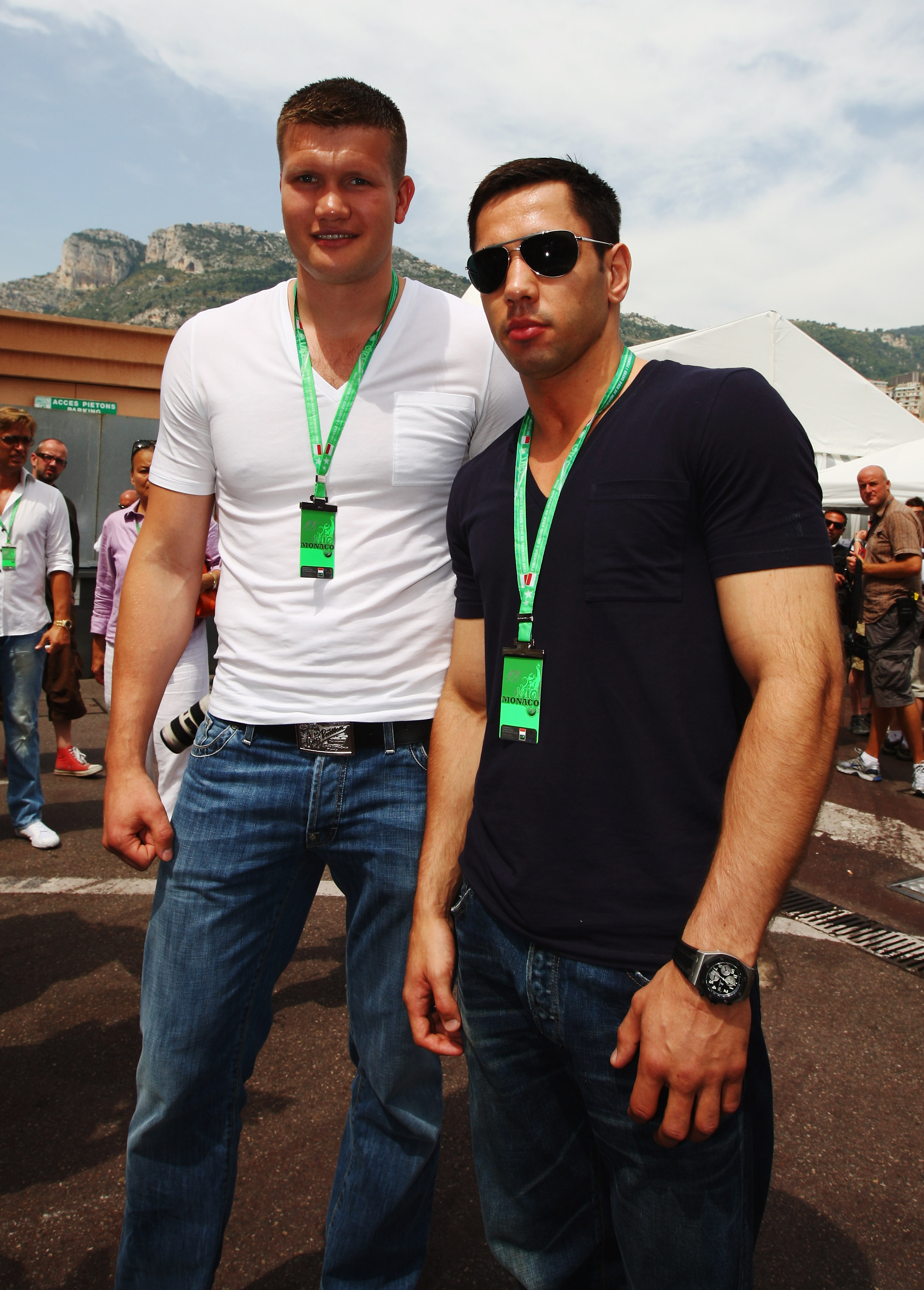 MONTE CARLO, MONACO - MAY 24: Boxers Alexander Dimitrenko (L) and Felix Sturm (R) are seen in the paddock during the Monaco Formula One Grand Prix at the Monte Carlo Circuit on May 24, 2009 in Monte Carlo, Monaco. (Photo by Clive Mason/Getty Images)