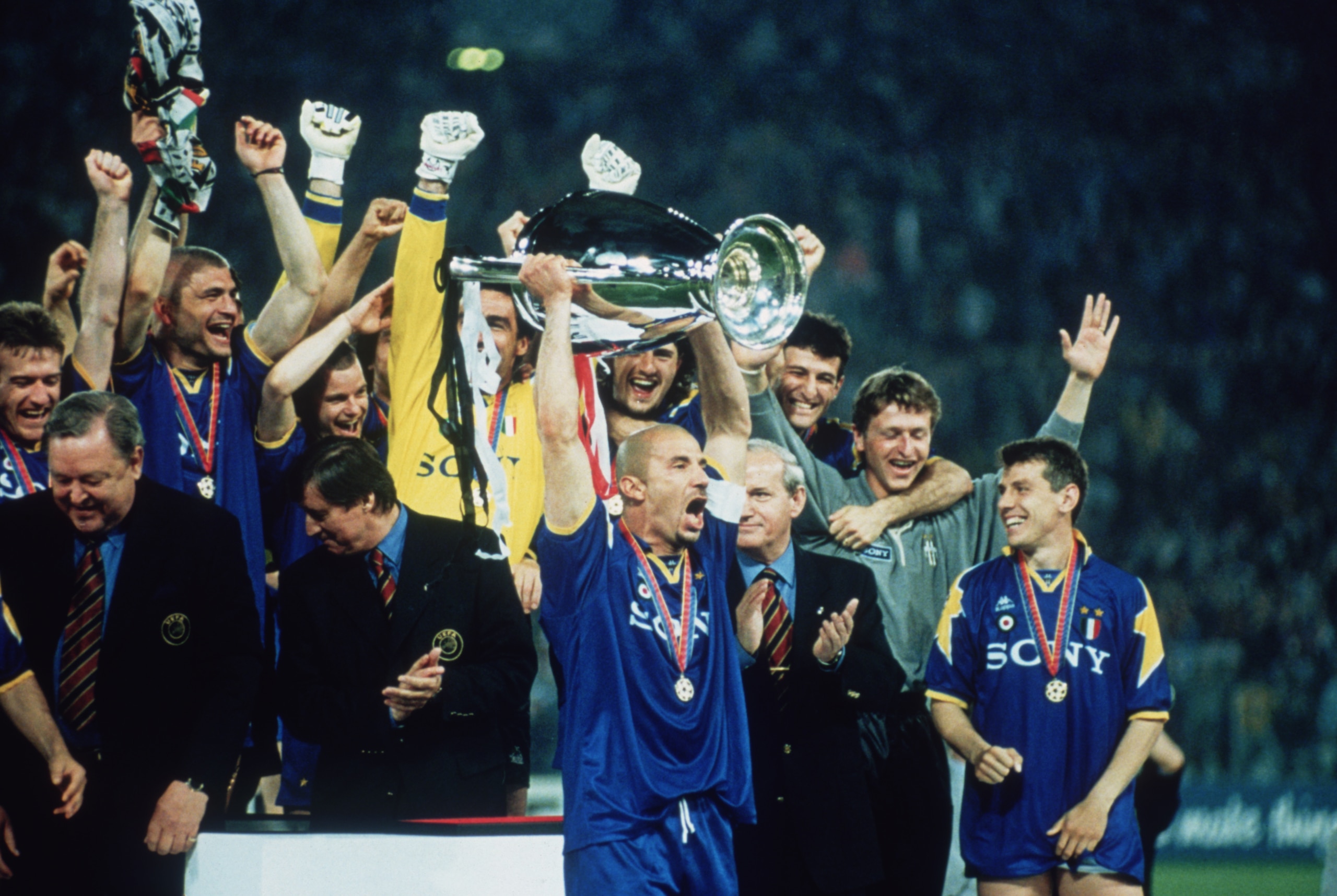 Juventus captain Gianluca Vialli holds the cup aloft after his team beat AFC Ajax to win the UEFA Champions League Final at the Stadio Olimpico, Rome, 22nd May 1996. The match ended in a 1-1 draw after extra time with Juventus winning 4-2 on penalties. (P