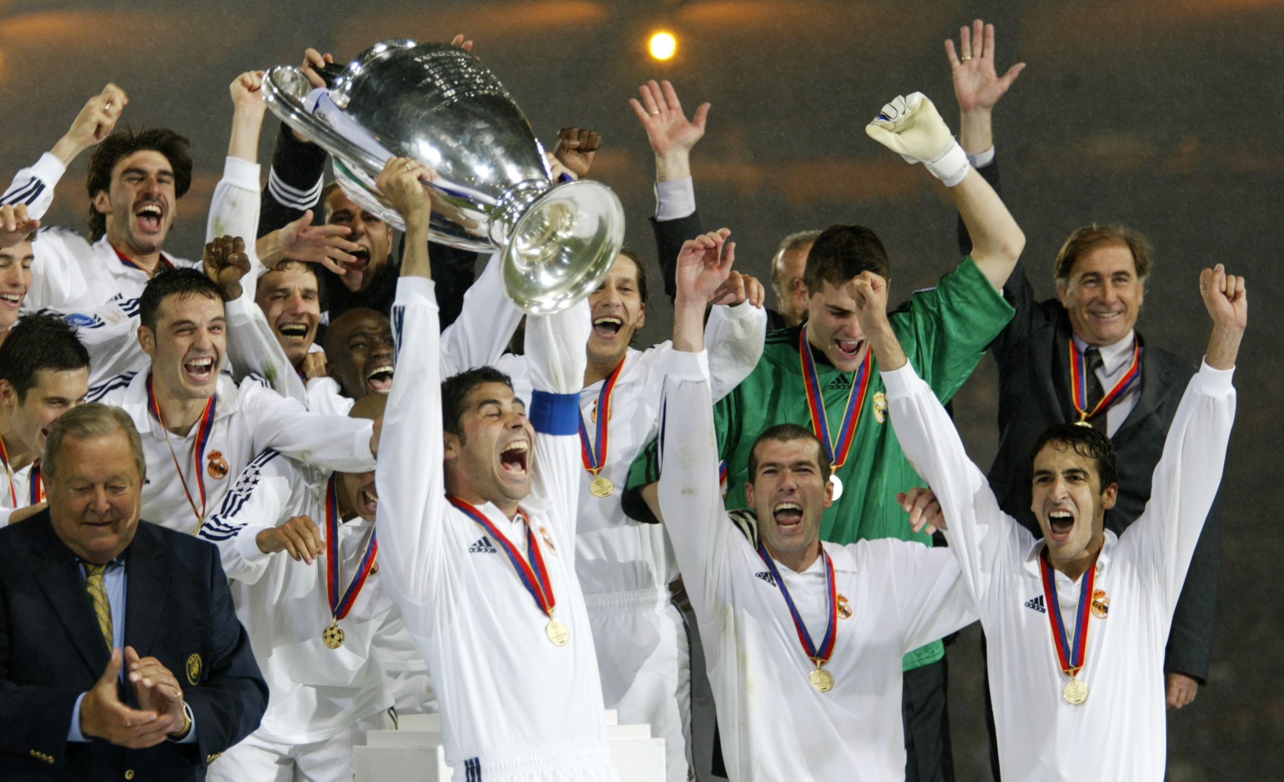 GLASGOW - May 15:  Real Madrid captain Fernando Hierro lifts the trophy up after the UEFA Champions League Final between Real Madrid and Bayer Leverkusen played at Hampden Park, in Glasgow, Scotland on May 15, 2002. Real Madrid won the match and cup 2-1.