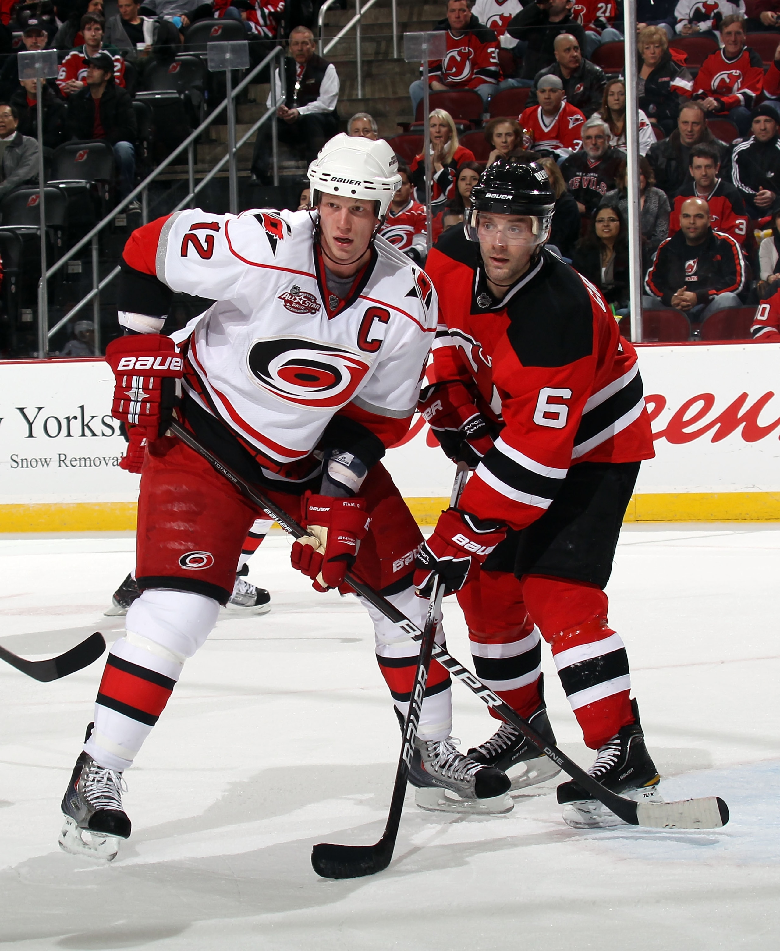NEWARK, NJ - FEBRUARY 16:  Eric Staal #12 of the Carolina Hurricanes skates against the New Jersey Devils at the Prudential Center on February 16, 2011 in Newark, New Jersey.  (Photo by Bruce Bennett/Getty Images)