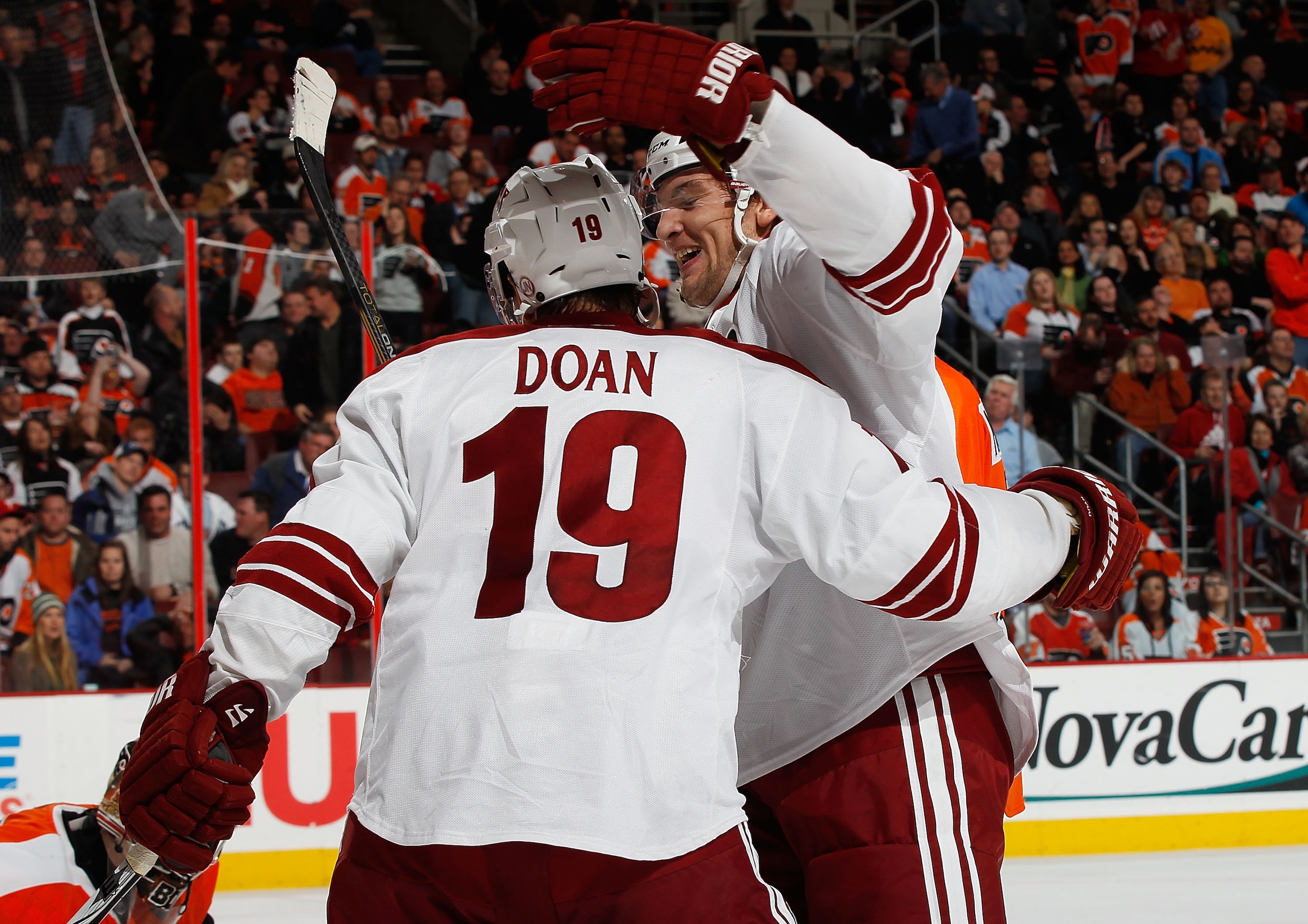 PHILADELPHIA - FEBRUARY 22:  Shane Doan #19 of the Phoenix Coyotes is congradulated by teamate Lauri Korpikoski #28 after scoring the game winning goal in overtime against the Philadelphia Flyers on February 22, 2011 at the Wells Fargo Center in Philadelp