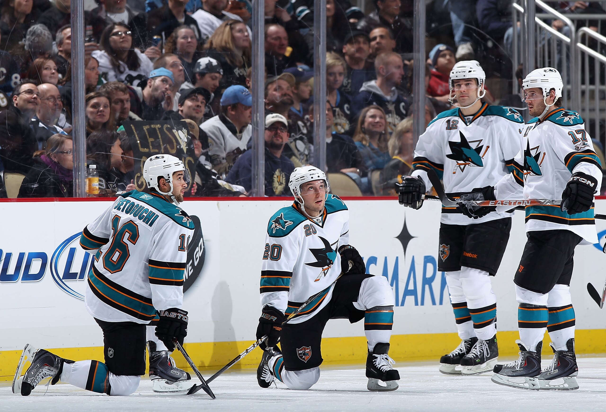 PITTSBURGH, PA - FEBRUARY 23:  (L-R) Devin Setoguchi #16, Kyle Wellwood #20, Patrick Marleau #12 and Torrey Mitchell #17 of the San Jose Sharks during the NHL game against the Pittsburgh Penguins at Consol Energy Center on February 23, 2011 in Pittsburgh,