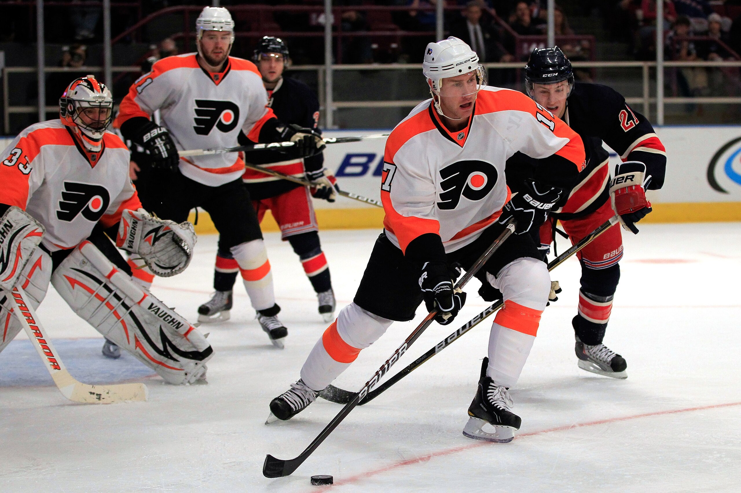 NEW YORK, NY - FEBRUARY 20:  Jeff Carter #17 of the Philadelpia Flyers clears the puck against the New York Rangers at Madison Square Garden on February 20, 2011 in New York City. The Flyers defeated the Flyers 4-2. (Photo by Chris Trotman/Getty Images)